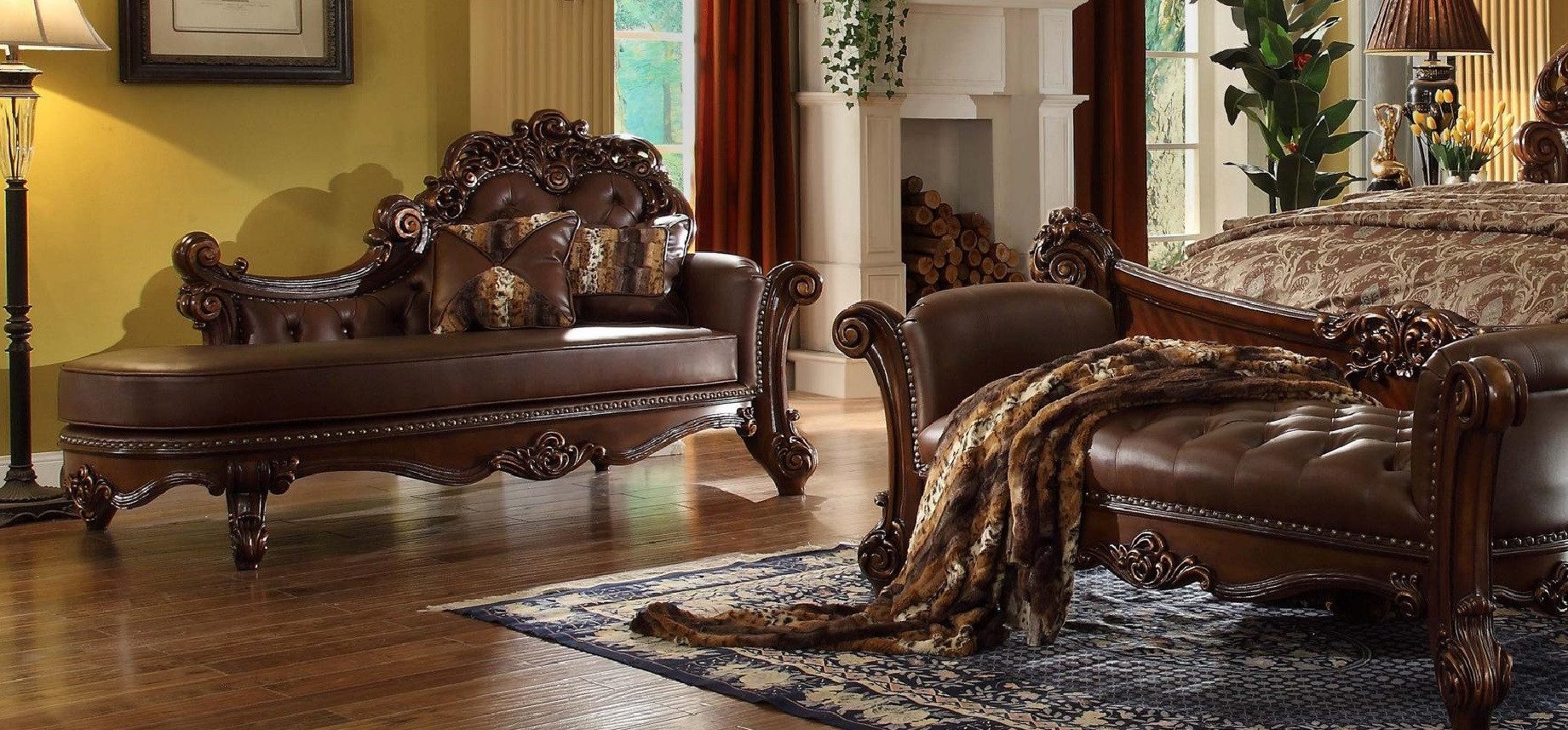 JVmoebel Chaiselongue Braune Schlafcouch im Barock-Stil aus Leder mit Chesterfield-Knöpfen, 1 Teile, Made in Europa
