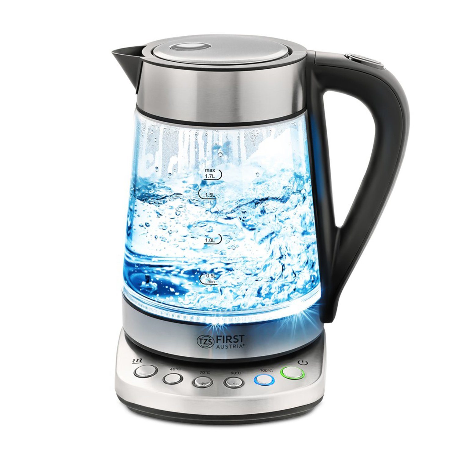 TZS FIRST AUSTRIA Wasserkocher Glaswasserkocher 1,7 L, mit Kalkfilter, 2200 Watt, Innenbeleuchtung, 1 l, 2200 W, kabellos, Trockenkochschutz, 360° Grad Anschluss-Sockel