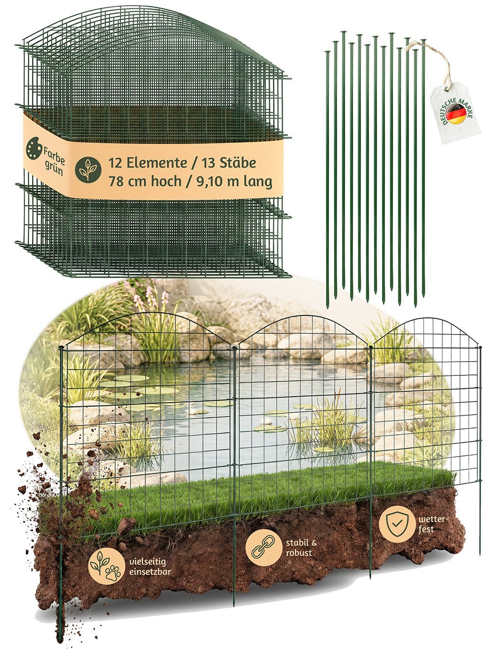 V2Aox Teichzaun Zaun Gartenzaun Steckzaun Teichzaun Garten Teich 12 Zaunelemente 78 cm
