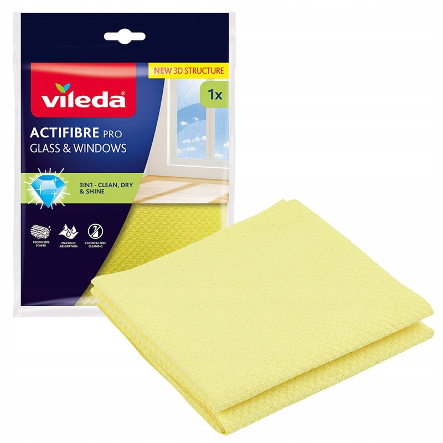 Vileda Fensterreiniger Actifibre Pro-Tuch für Glas und Fenster, (1-St) streifen- und tropfenfrei, reinigt nur mit Wasser