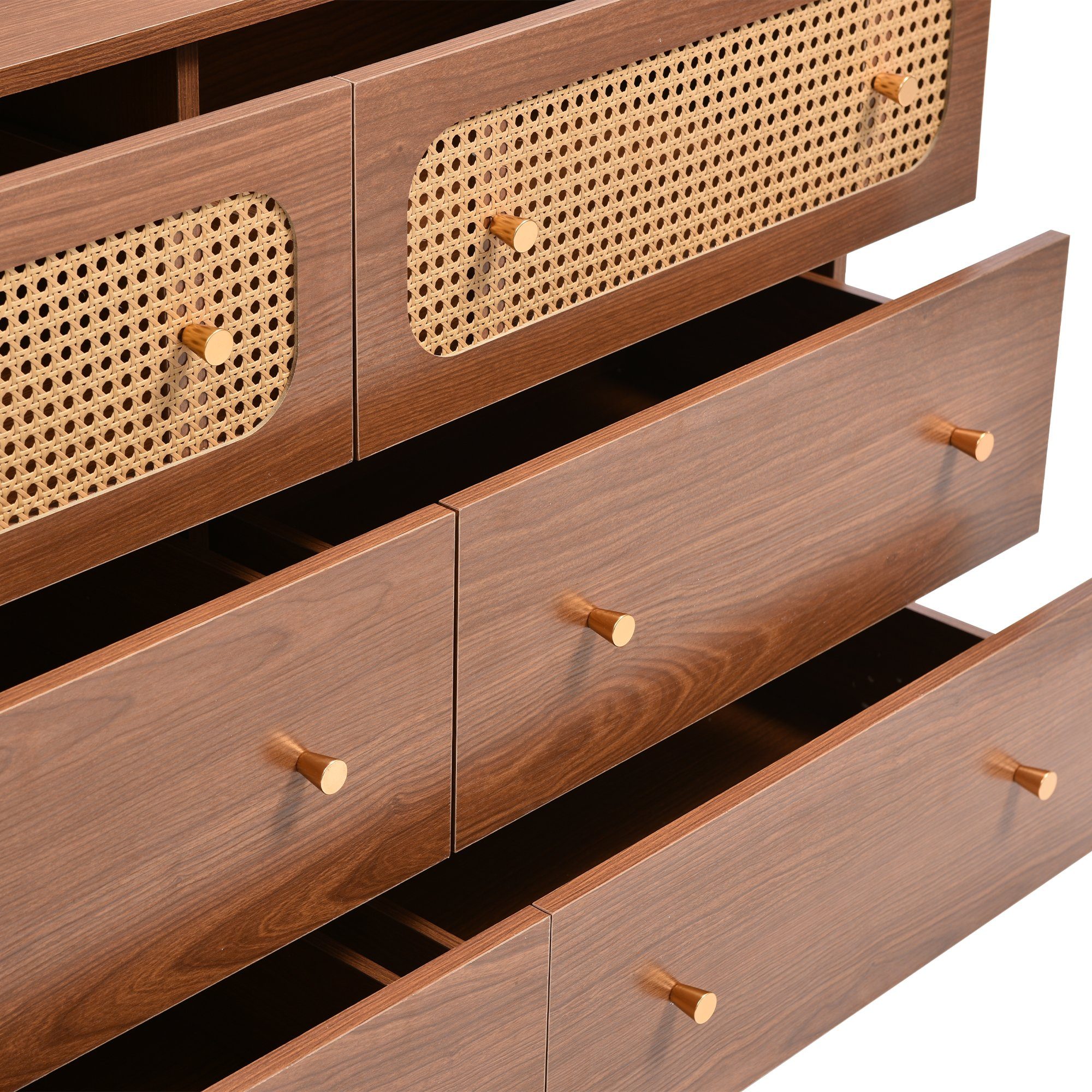 Kommode (Schubladenkommode), Sideboard mit 6 Schubladen, Rattan, Metallgriffe, 120x40x90cm