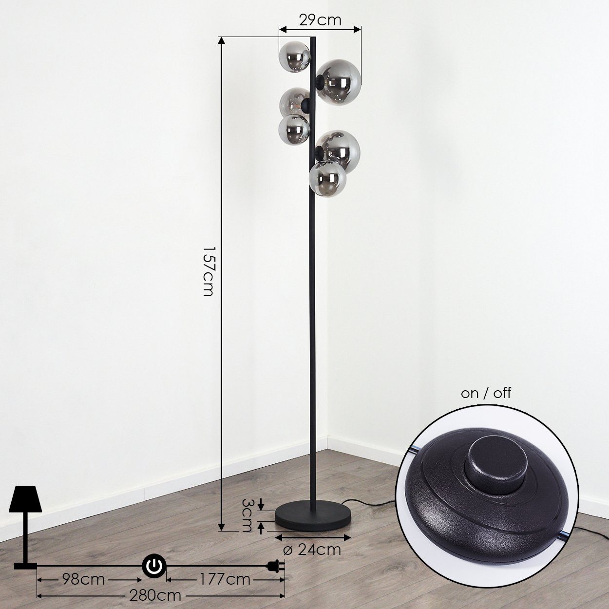 hofstein Stehlampe »Isorella« Stehlampe aus Fußschalter, Standlampe Echtglas 480 m. ohne u. Metall/Glas Leuchtmittel, 3000 Lumen Schirmen in Kelvin, Schwarz/Rauchfarben