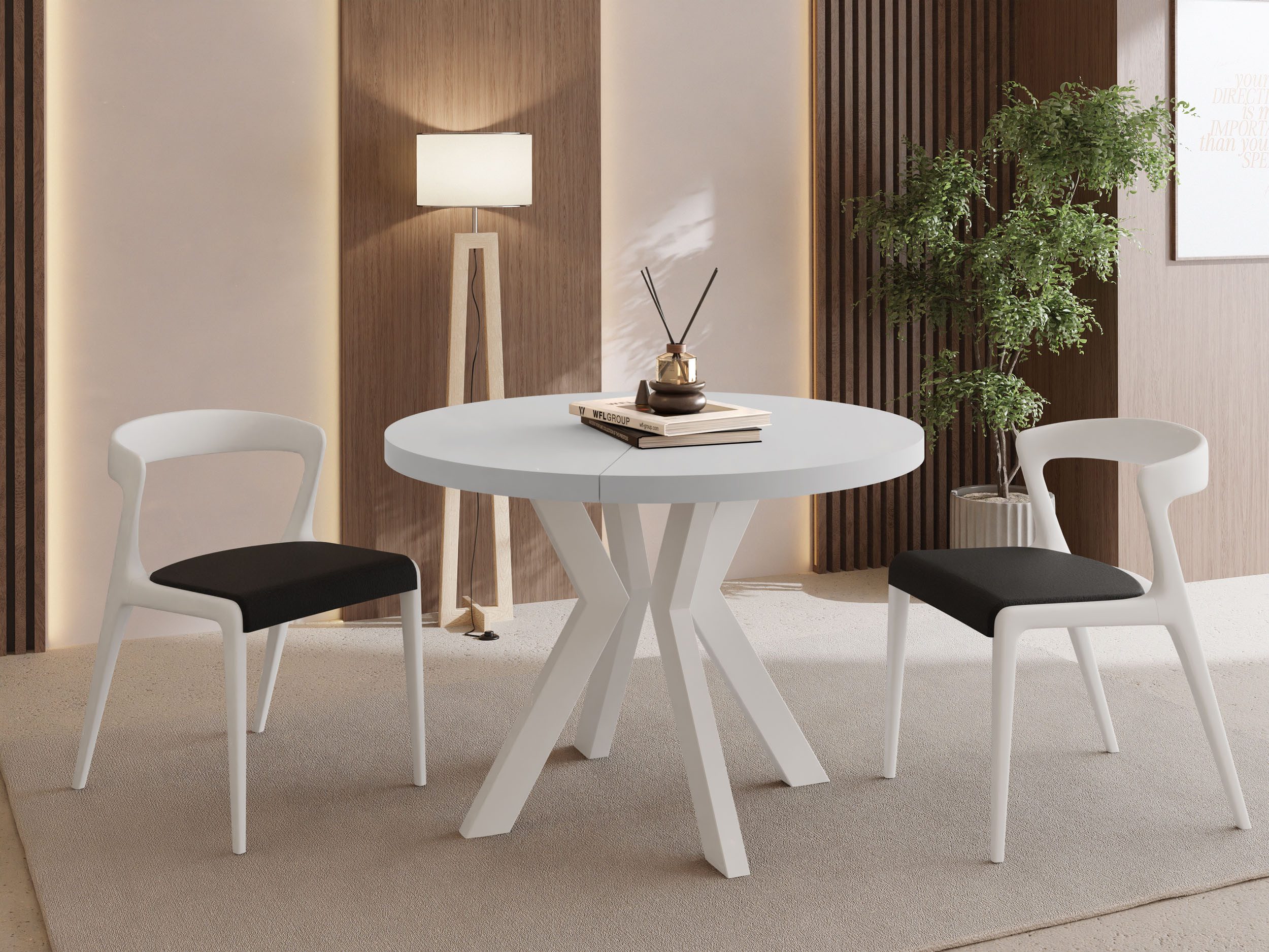 WFL GROUP Esstisch Savio ausziehbar verlängerbar rund modern mit Weißen Holzbeinen (MADE IN EU, XXL Groß – 80/90/100 cm ausziehbar auf 130/190/200/300 cm), platzsparender Tisch für kleine Küche, Esszimmer oder Wohnzimmer