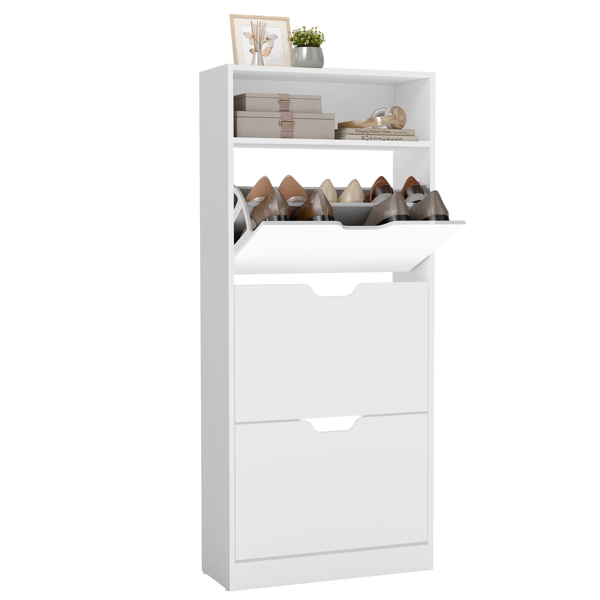 VASAGLE Schuhschrank Schuhkipper, 2 oder 3 Klappen, Trennwände verstellbar 24 x 80 x 102 cm, Flur, Schuhregal, Schuhaufbewahrung, offenes Fach