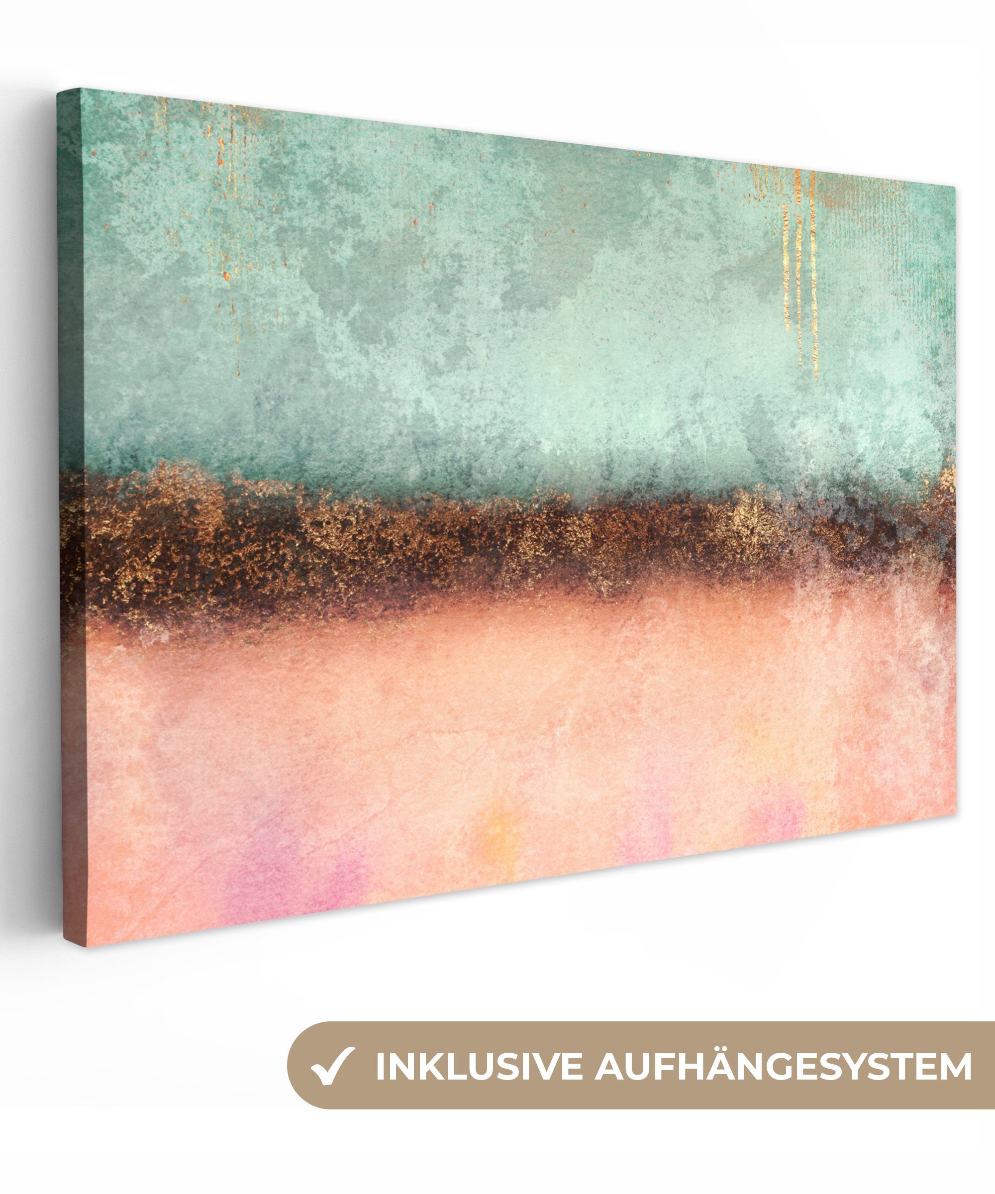 OneMillionCanvasses® Leinwandbild Gold - Farbe - Abstrakt - Grün - Rosa, Fotodruck (1 St), Leinwand Bilder Klein, Wand Dekoration Aesthetic 30x20 cm