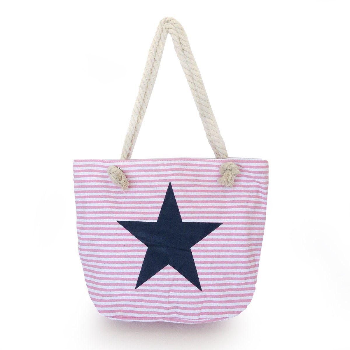Sonia Originelli Umhängetasche Strandtasche maritim gestreift Sternprint Reißverschluss Shopper, kleine Innentasche mit Reißverschluss rosa-marine