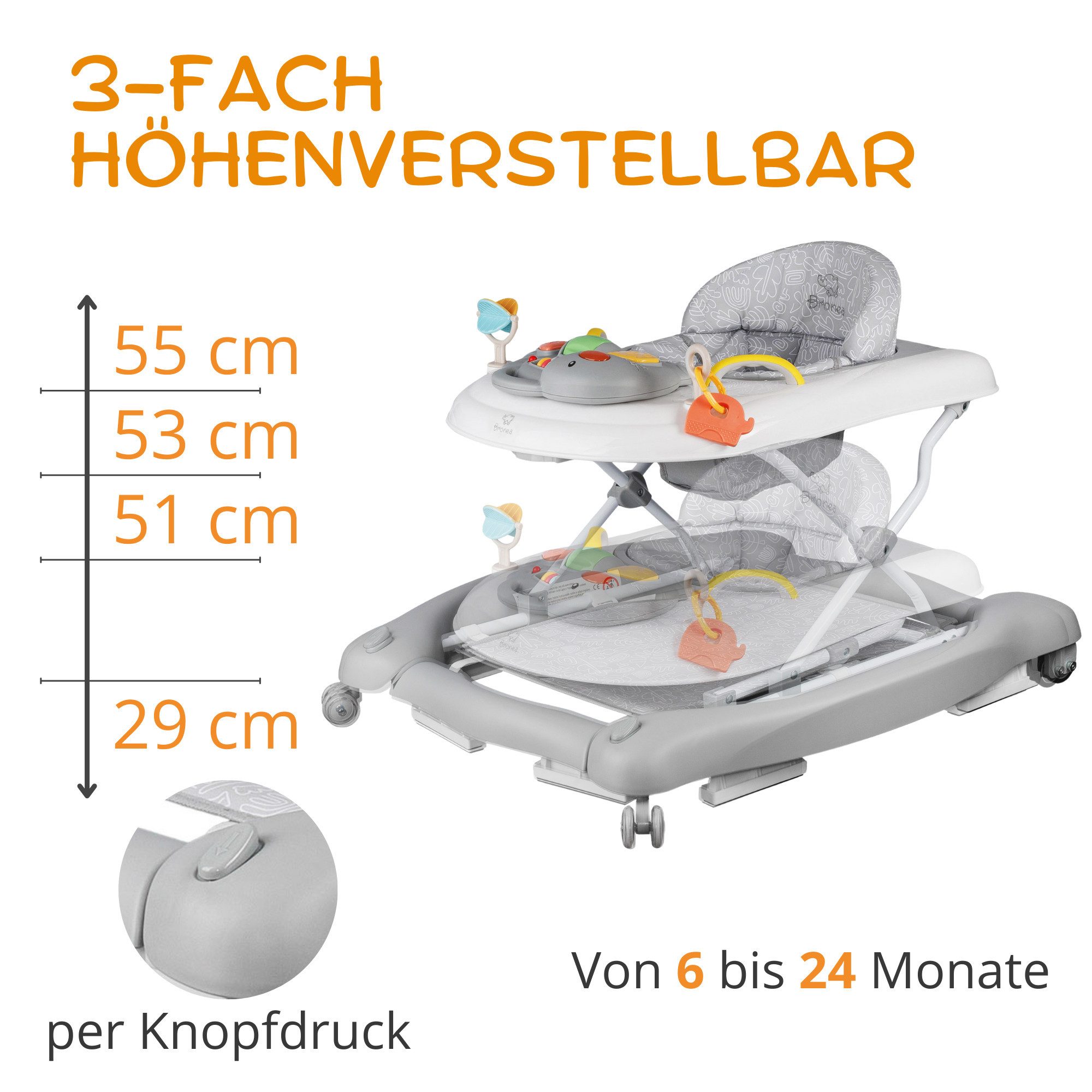 Bronea Lauflernhilfe Happy Life 5-in-1 Babywalker Gehfrei Lauflernwagen Schaukel Wippe, Ausnehmbaren Sitz, Im nu zum Schaukel, Widerstand Reifen einstellbar