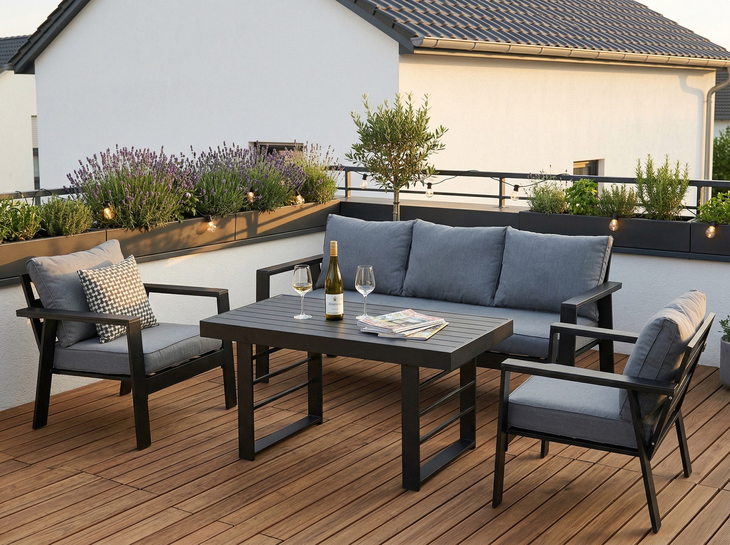 MeXo Gartenlounge-Set Gartenmöbel Set Aluminium 5-6 Personen, wetterfest, (Garten Essgruppe, Belastbarkeit pro Sitzplatz 140 kg, 4-tlg., mit ergonomischen Sesseln und extra dicken Kissen), Dining Loungeset Outdoor für Essen & Entspannen im Freien