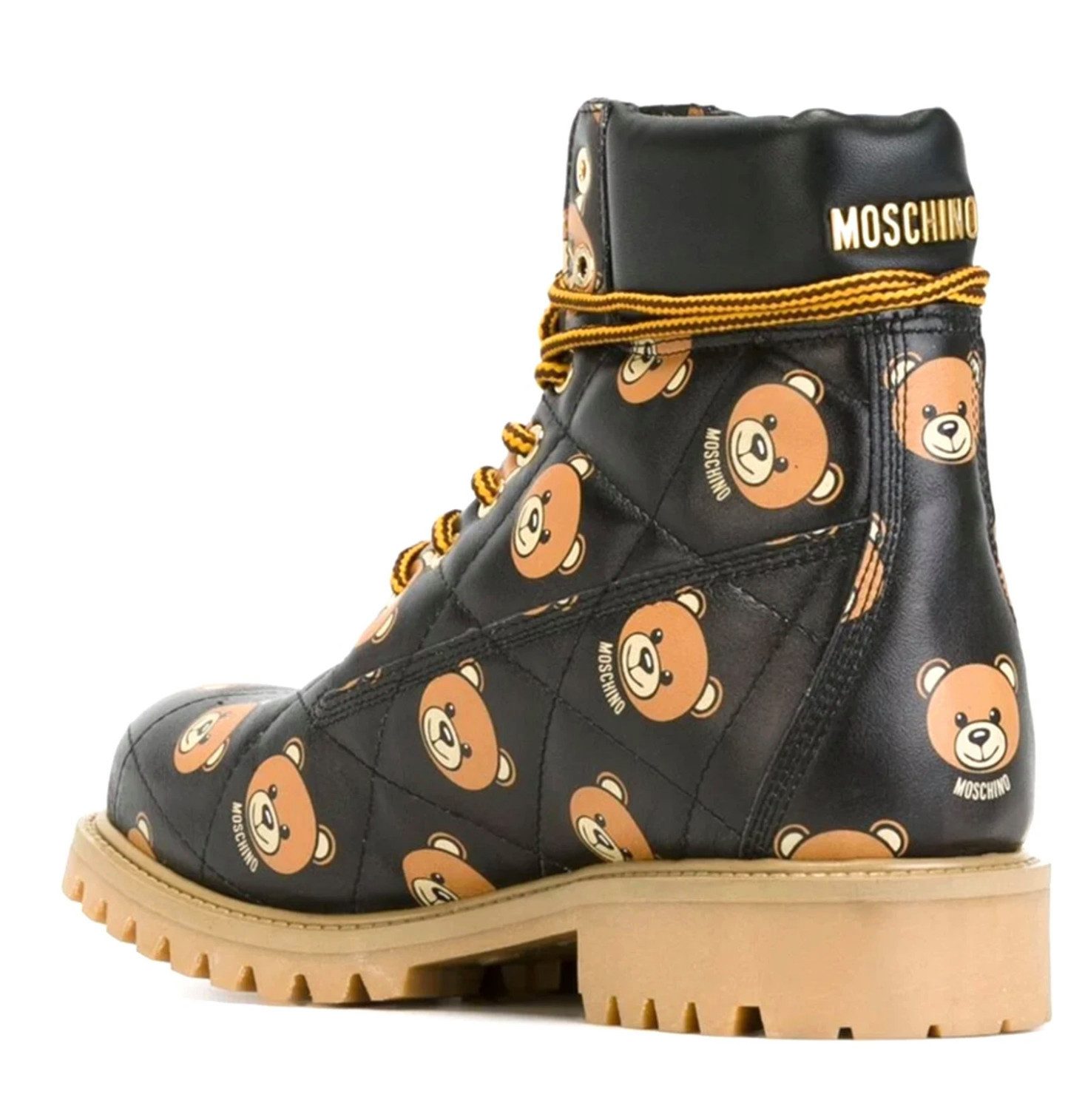 Moschino COUTURE Teddy Bear Quilted Ankle Combat Boots Schnürboots Teddy-Alloverprint – ikonisch und charakterstark