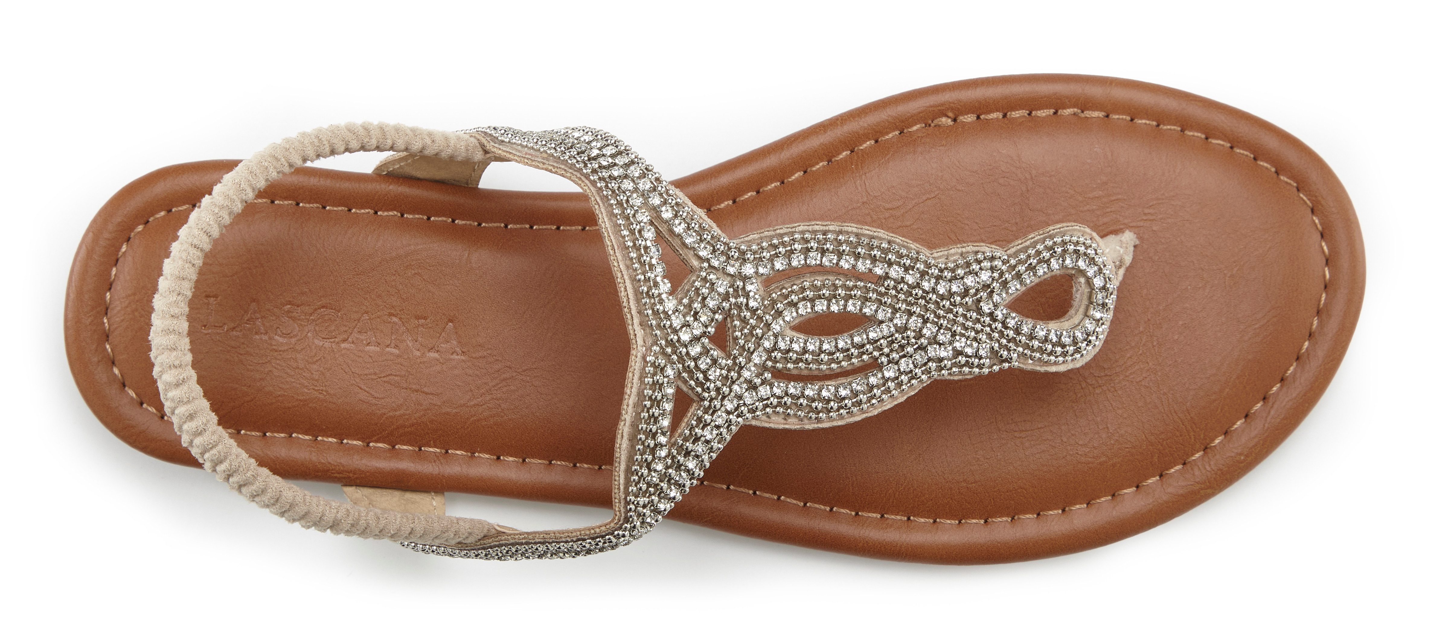 LASCANA Sommerschuh, offener Schuh, Zehentrenner Sandale, Pantolette mit Schmucksteinen in Glitzer-Optik VEGAN