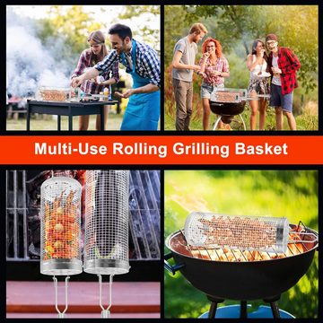 BlingBin Grillbesteck-Set 2 Stück Rolling Grillkorb mit abnehmbarem Griff Edelstahl, (2er Set, 2 tlg), für Gemüse, Pommes Frites, Fisch, Fleisch (20cm+30cm)