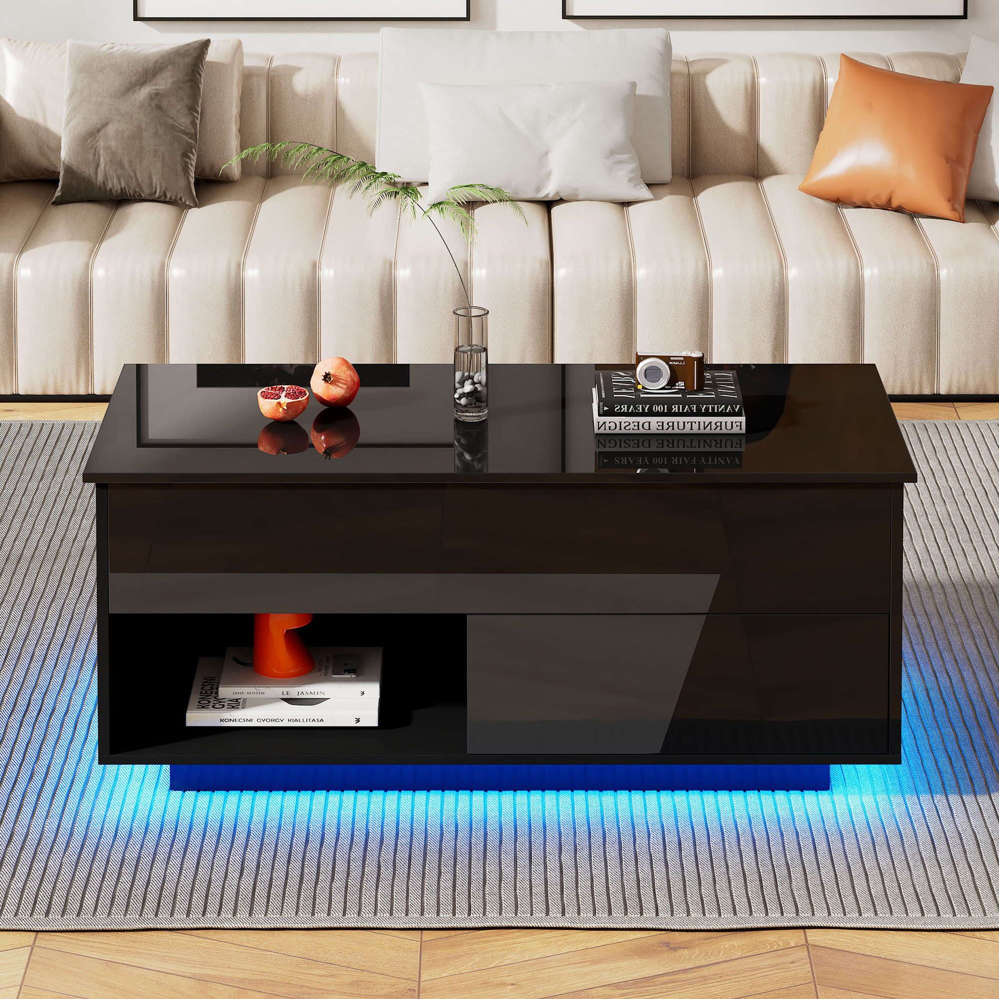 Merax Couchtisch Hochglanz-Lift-Top-Wohnzimmertisch (1-St., 100x50x55 cm), Satztisch mit LED-Beleuchtung,Beistelltisch mit Schublade und Stauraum