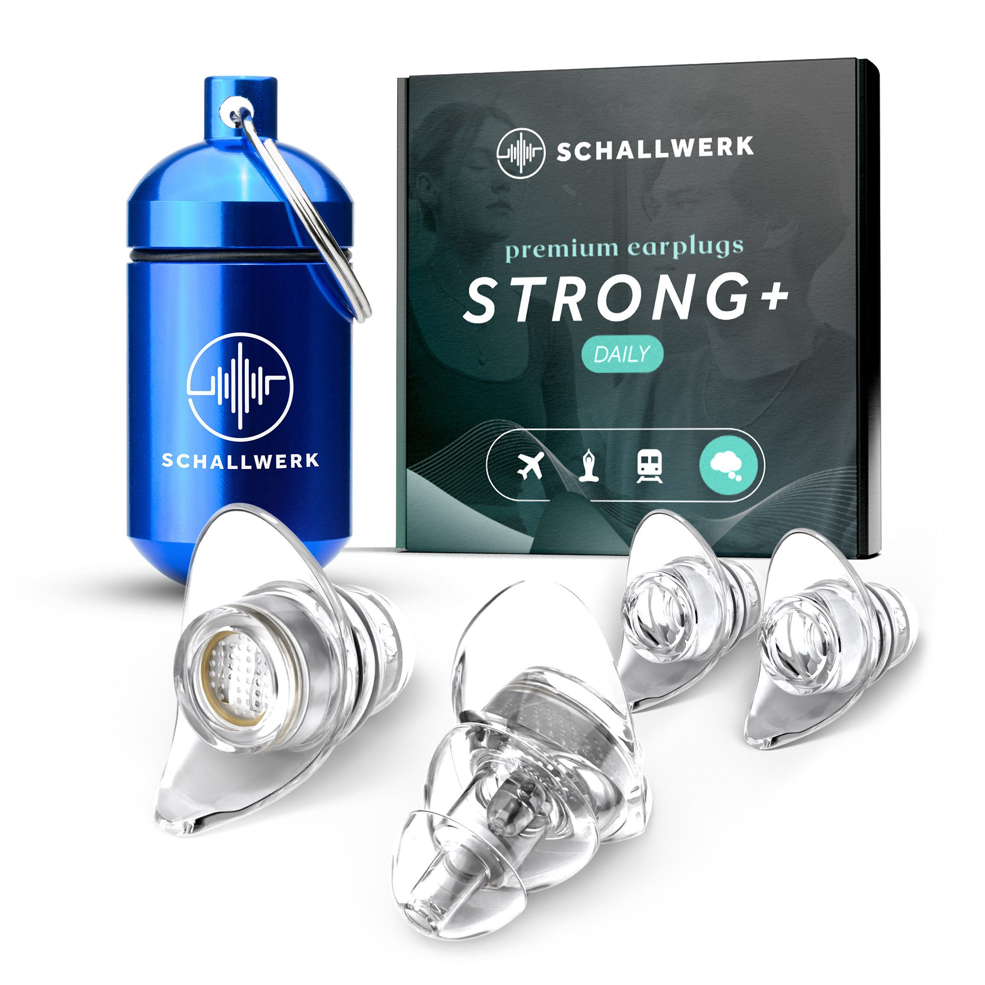 Schallwerk Gehörschutzstöpsel Strong+ Daily Ohrstöpsel dämpfen Lärm & erhalten Tonqualität, Ohrenstöpsel transparent mit Aufbewahrungsdose