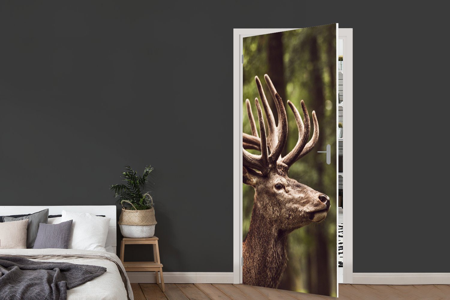 für Wald - Hirsch - Geweih MuchoWow cm - Türaufkleber, (1 Tiere, Fototapete Natur Tür, bedruckt, Türtapete Matt, St), - 75x205