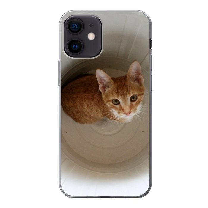 MuchoWow Handyhülle Katze - Mülleimer - Weiß Handyhülle Apple iPhone 12 Smartphone-Bumper Print Handy