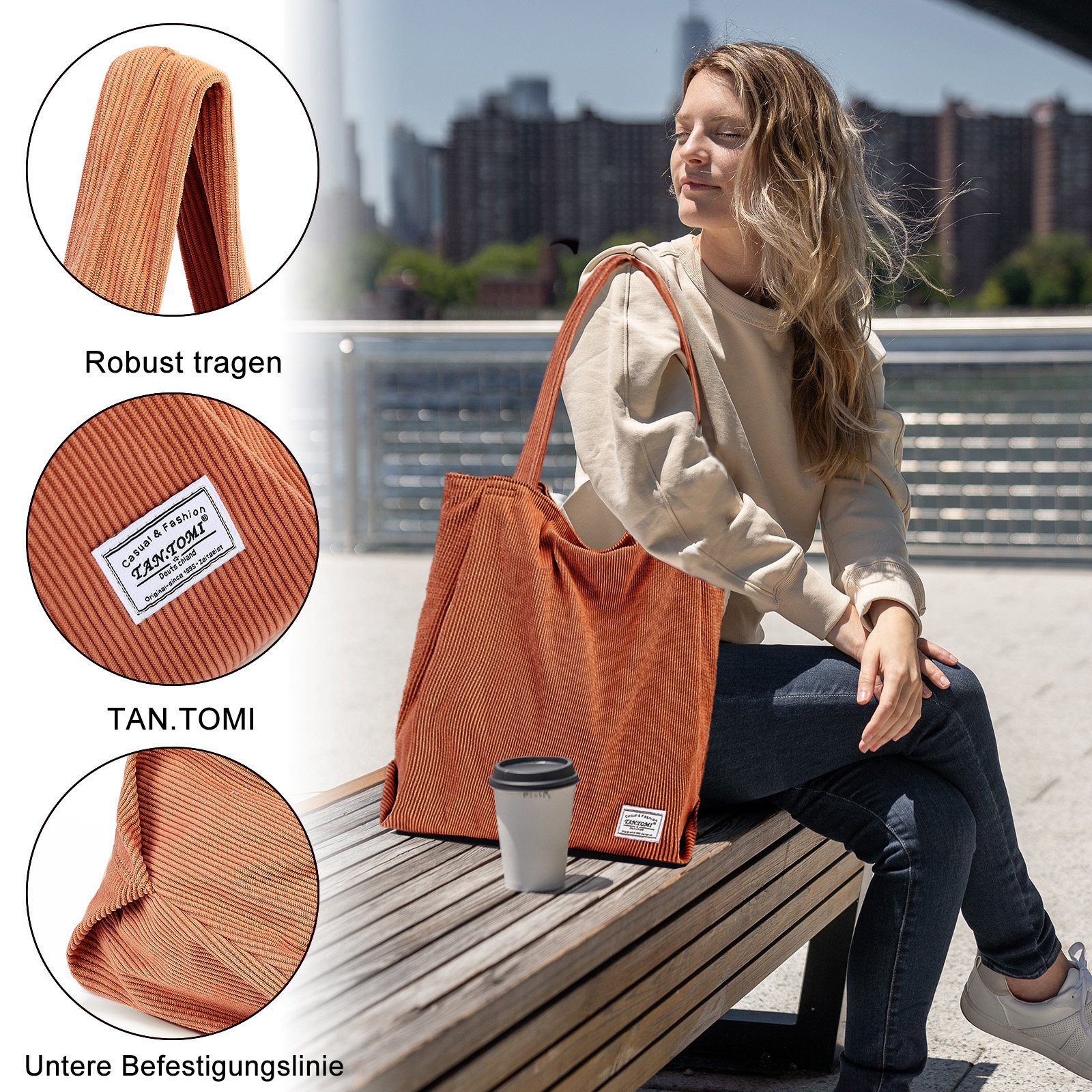 Hellbraun Tasche TAN.TOMI Umhängetasche Reißverschluss, mit Bag Tasche Tote Shopper Handtasche Damen Schultertaschen Einkaufsbeutel Groß