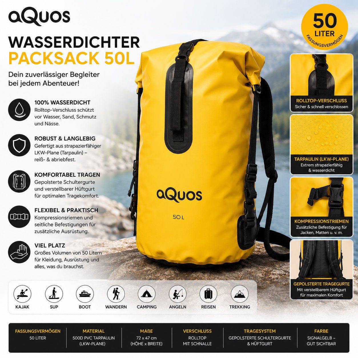 aQuos Drybag Aquos Finback Hydro Bag 50 L wasserdichter Rucksack Packsack, wasserdicht