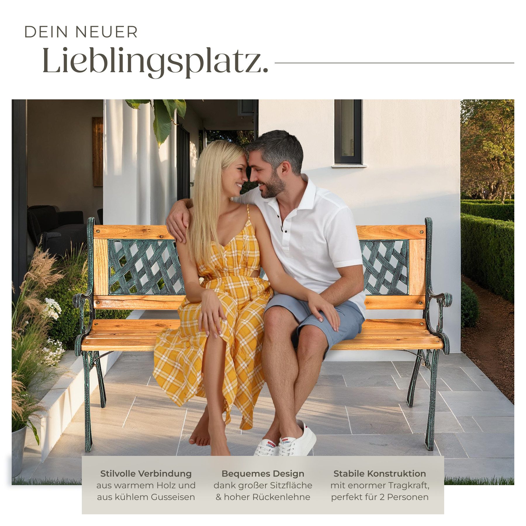 tectake Gartenbank Sitzbank Tamara 2-Sitzer aus Holz und Gusseisen 128x51x73cm, 2-Sitzer