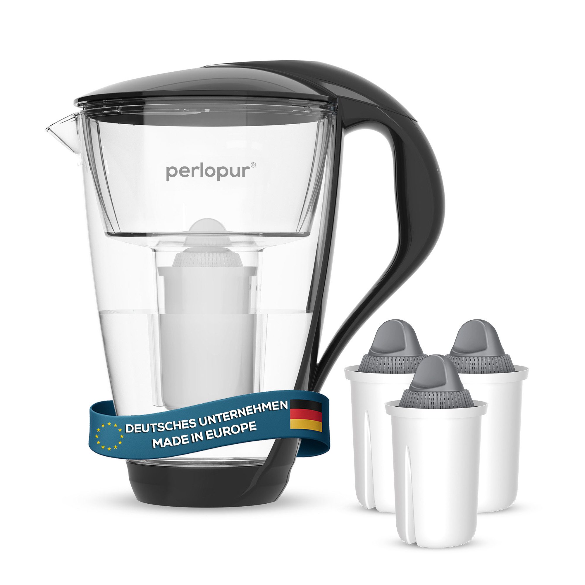 PerloPur Wasserfilter Glas Wasserfilter Schwarz Inkl. 3 Protect Plus Filterkartuschen