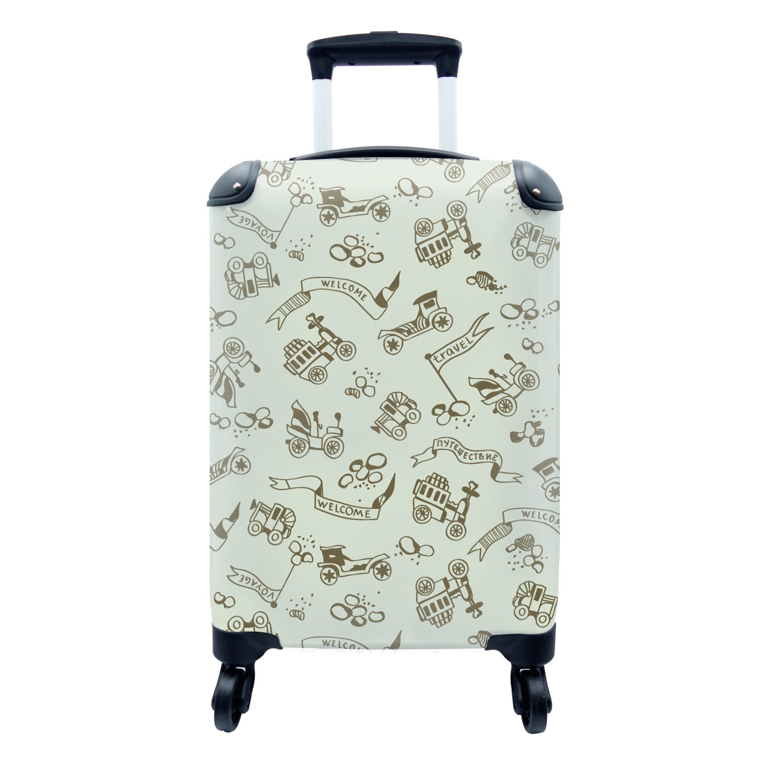 Handgepäckkoffer MuchoWow mit Reisetasche für Ferien, - Junge - rollen, Rollen, Auto Trolley, - Oldtimer - Reisekoffer Jahrgang Muster, 4 Handgepäck
