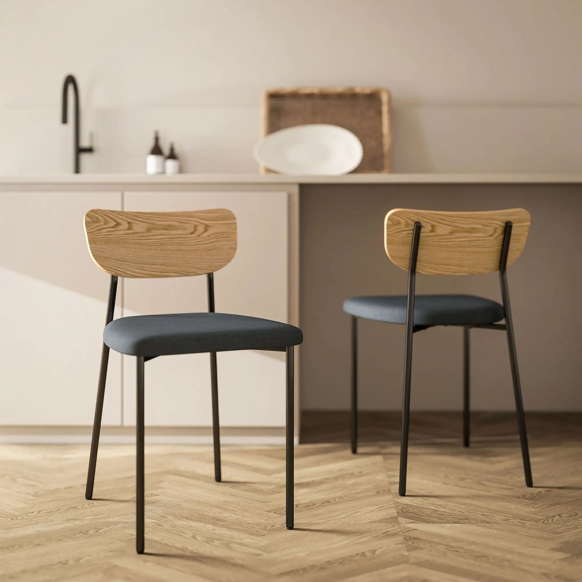 BlingBin Esszimmerstuhl Küchenstuhl Polsterstuhl, Metallbeine (2er-Set, 2 St), Leinenoptik, armloses Design, Esszimmergruppe, Grau