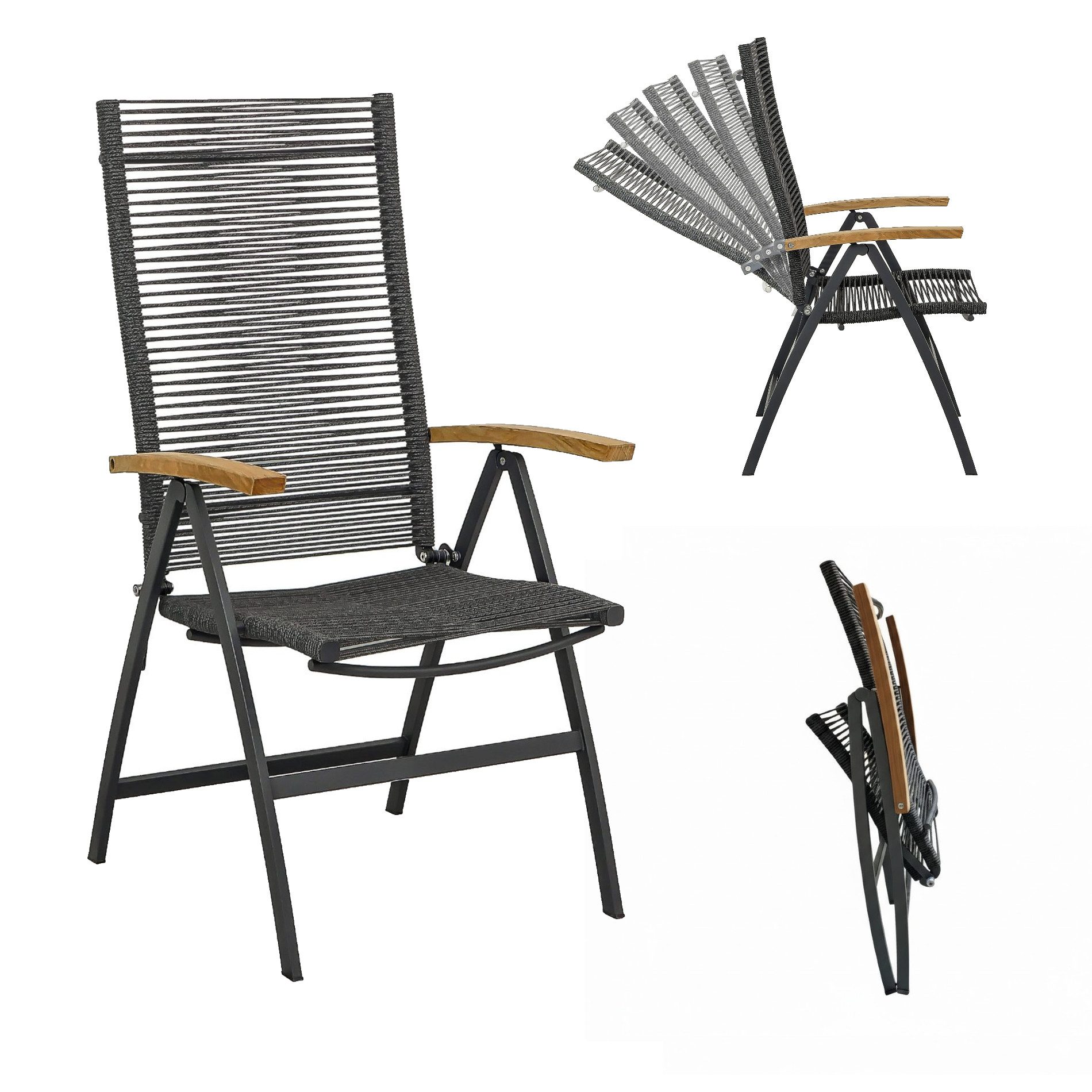 CASA DOMA Gartenstuhl Mineo, Klappsessel verstellbar, Hochlehner, Edelstahl anthrazit/Rope/Teak