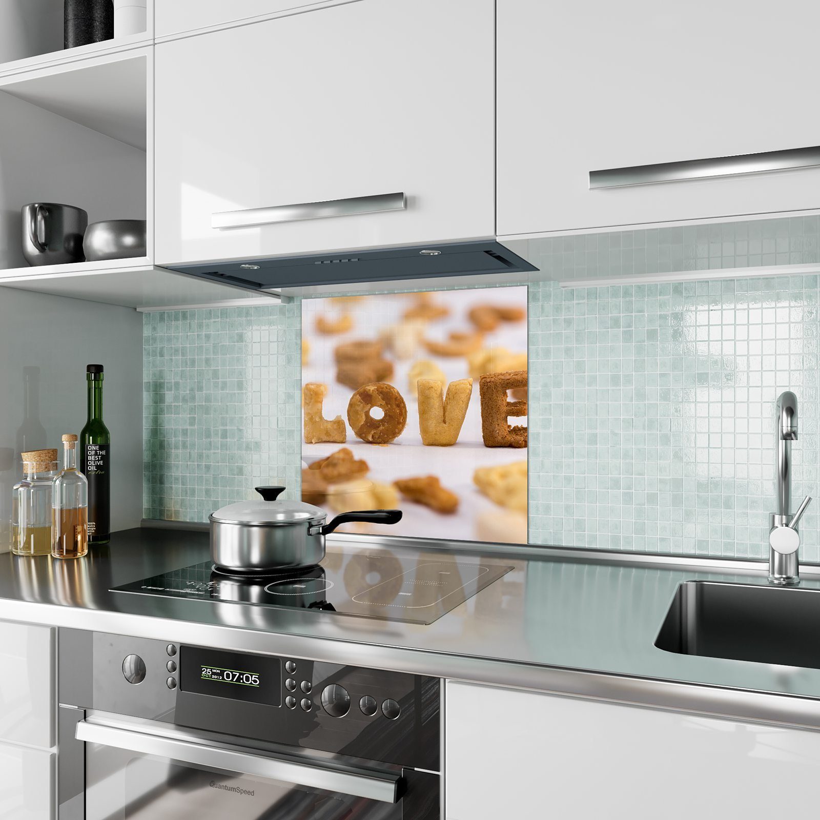 Wort Motiv Primedeco Küchenrückwand Liebe Spritzschutz Küchenrückwand Glas mit Getreide aus