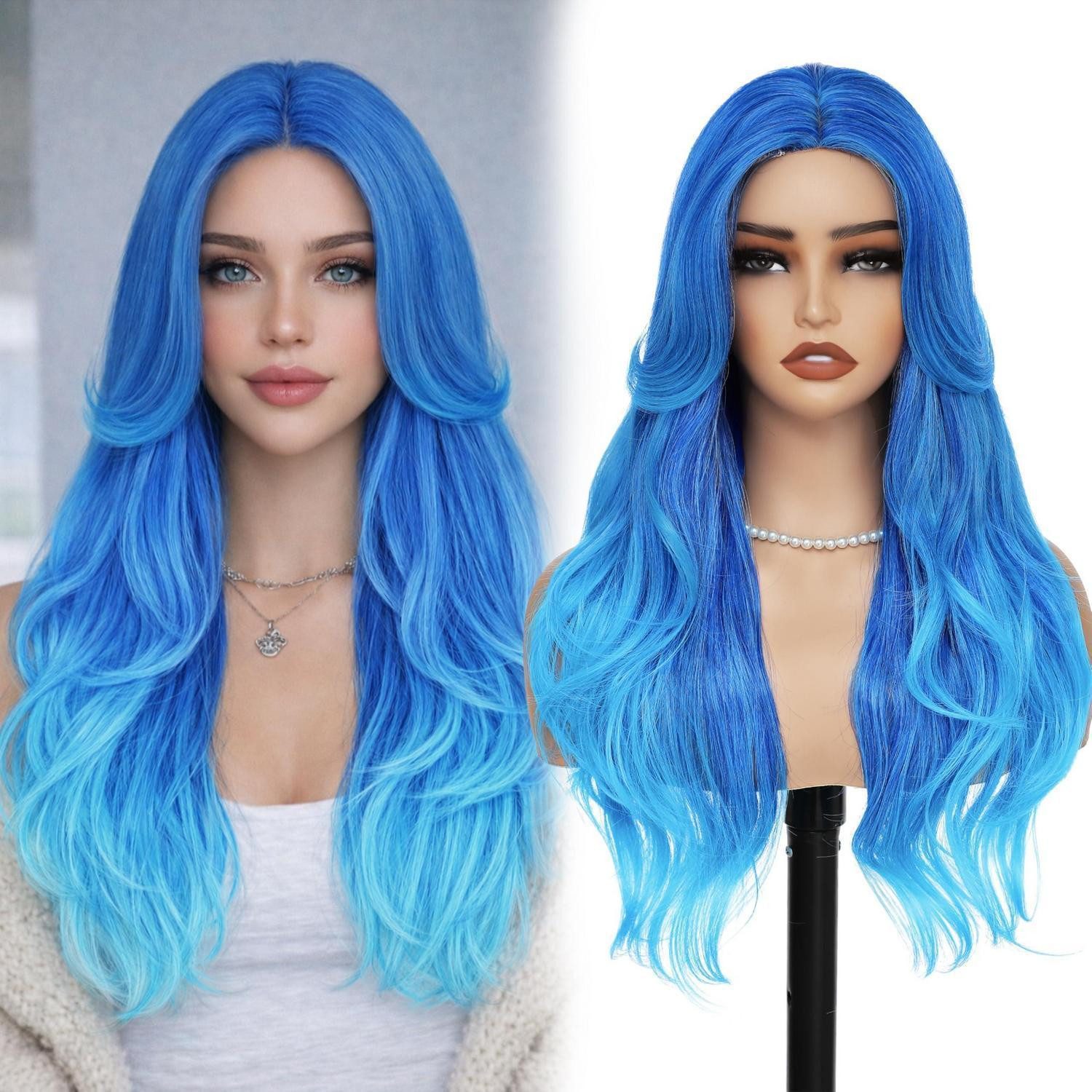 LuxusKollektion Kunsthaarperücke Perücke Ombre Blau 66 cm Vorhangpony gewellt 26 Inch Ombré Blau