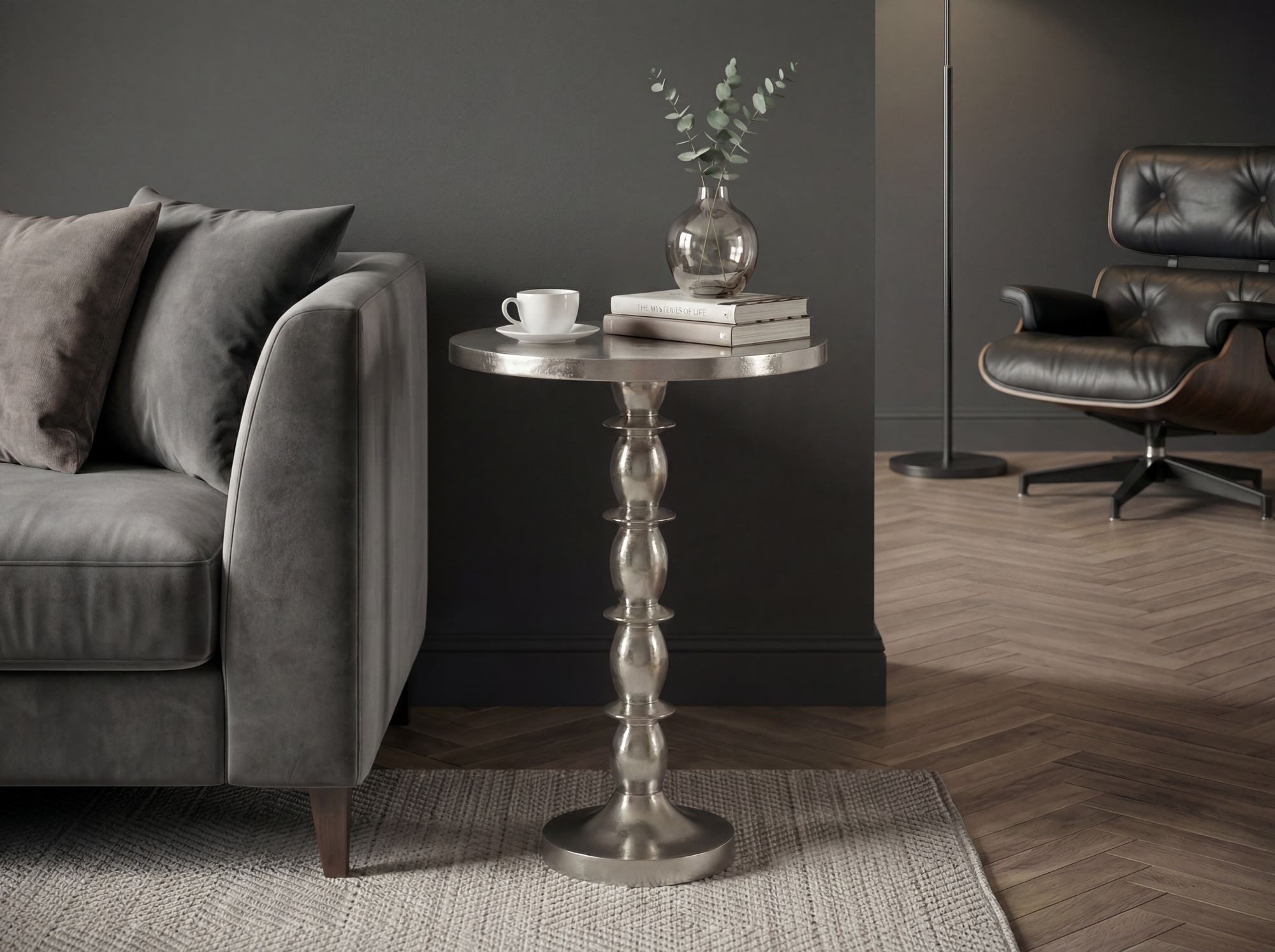 FINEBUY Beistelltisch FB116321 Anstelltisch 40cm Alu Silber Metall Wohnzimmertisch Dekotisch (Skulpturale Form mit edlem Charakter), Silberner Akzent für moderne Räume