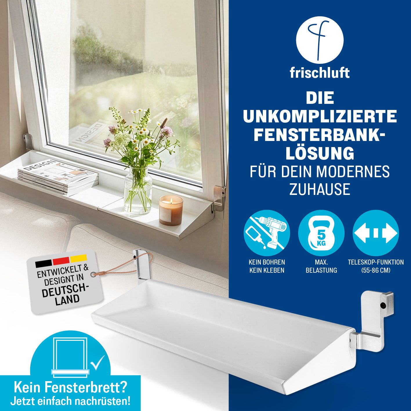 frischluft Fensterbrett Fensterbank frischluft Fensterbrett für fast alle Fenster, Lüften ohne Abräumen, Ohne Bohren & Kleben, Fensterbreite 65–107 cm