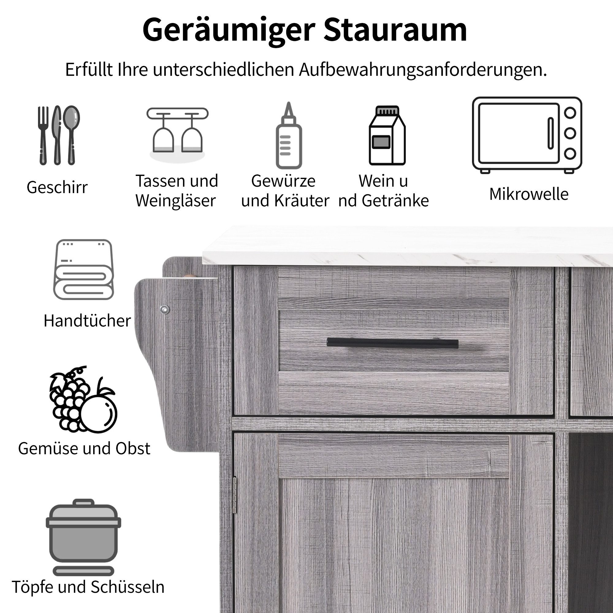 Celya Küchenwagen 139x46(71)x91.5 cm Servierwagen, Beistellschrank, (weiße Marmor-Furnierdekoration), graues Massivholz-Furnier für den Korpus