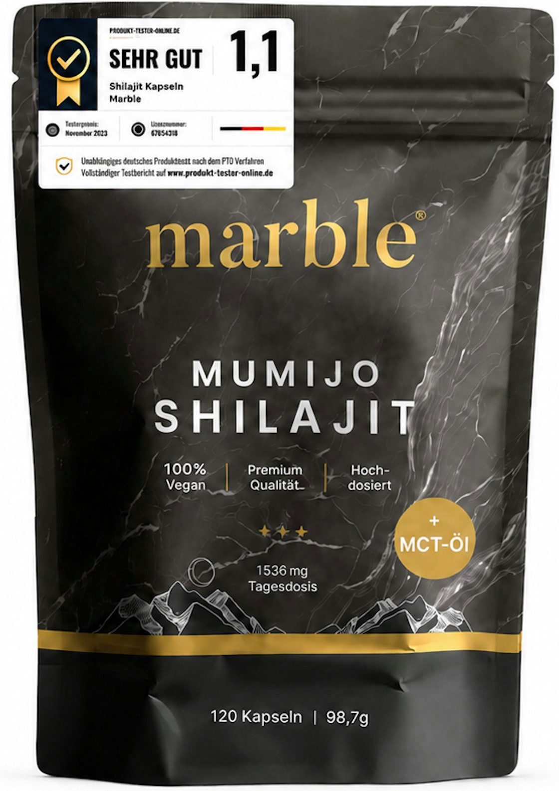 Marble Shilajit Mumijo 120 Kapseln, 10:1 hochdosiert - marble® Kapseln, 120 er 85 g, Laborgeprüft in Deutschland nach ISO-Standards