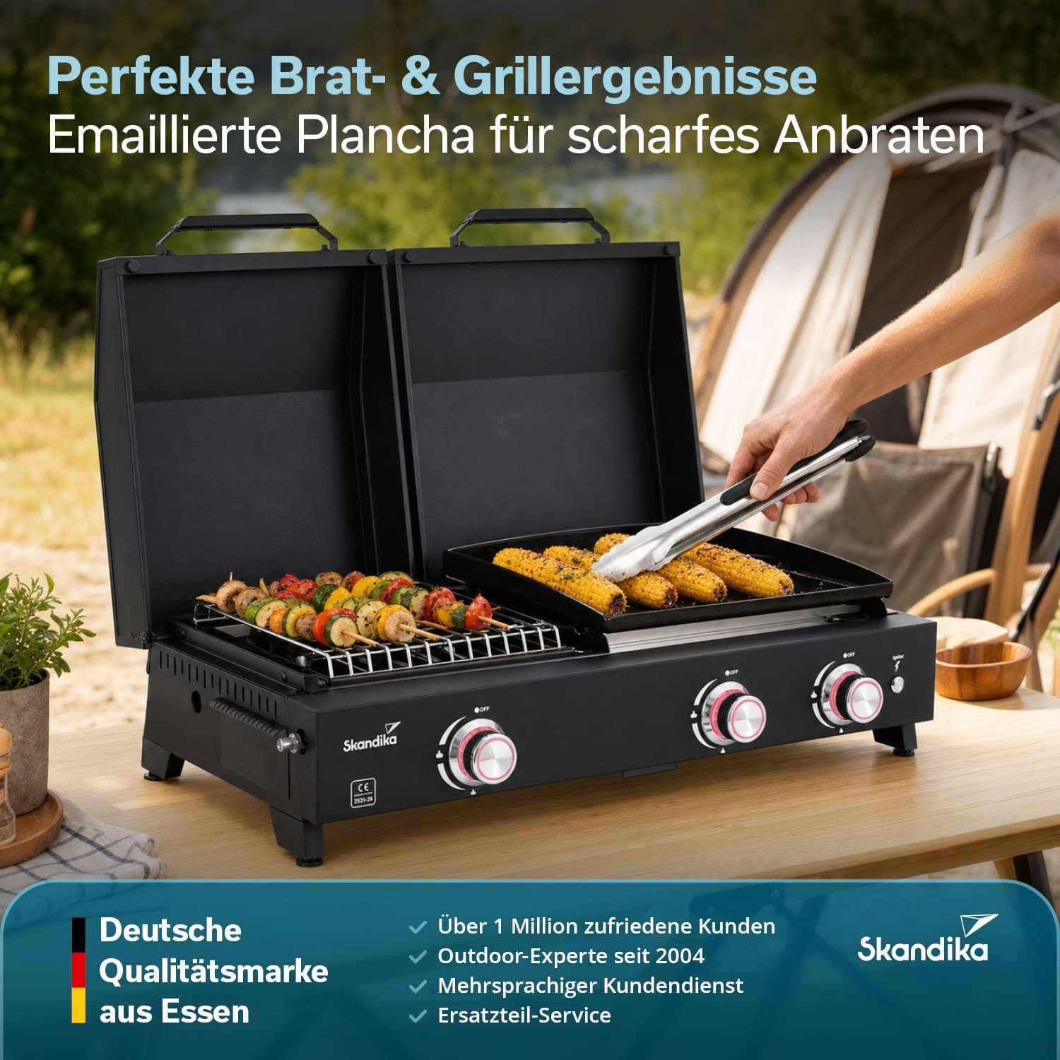 Skandika Gaskocher Plancha Grill Eldur 3-Brenner Plus, Deckel und Topfträger inklusive, (Dimensionen 83×50×25cm, Fettabtropfschale unter der Platte), tragbarer Gasgrill mit Kochplatte, Elektrische Pulszündung