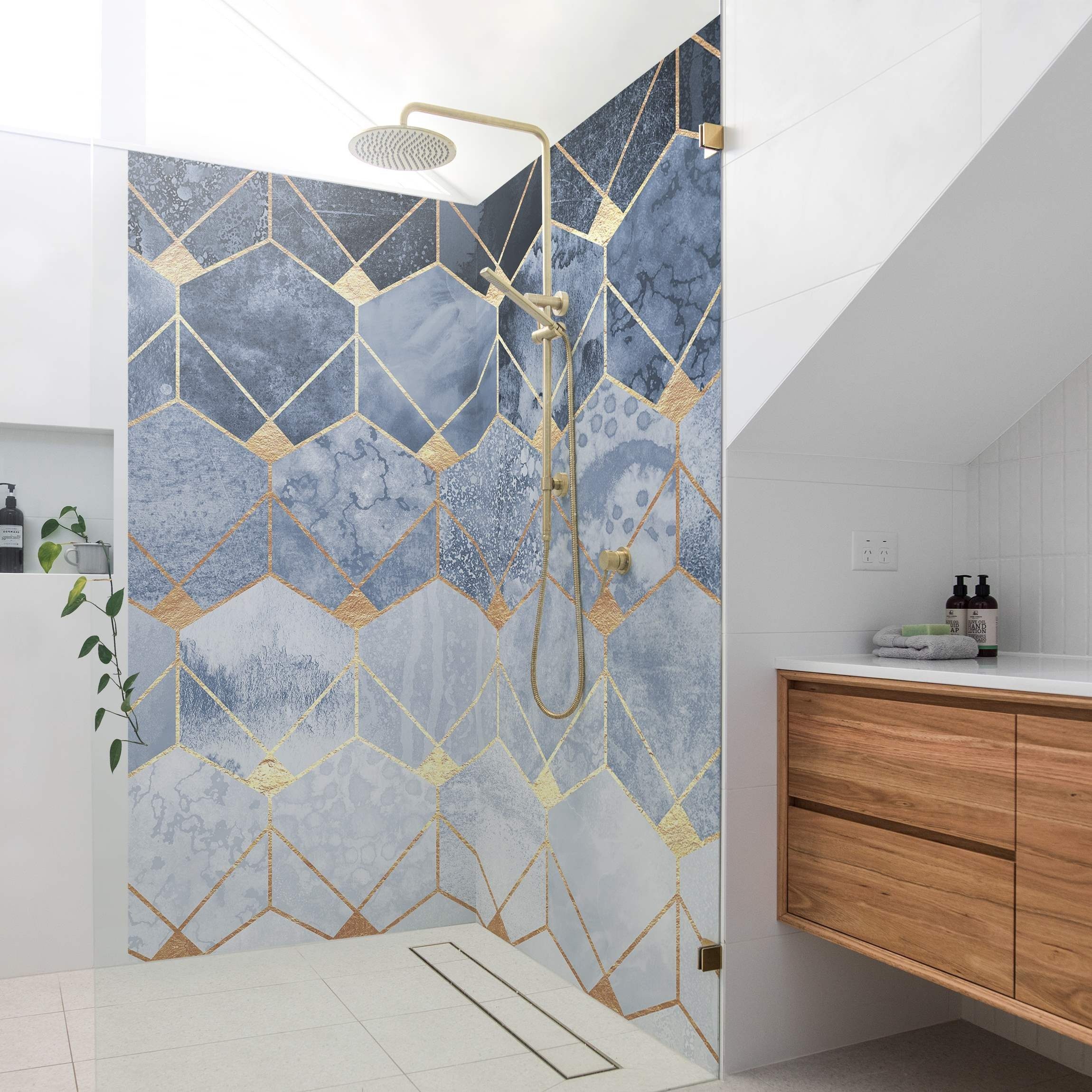 Thumbnail - Bilderdepot24 Duschrückwand Abstrakt gold Duschrückwand ohne Bohren Dusche Aquarell, (2-tlg., 0,61 mm starke Folie selbs...