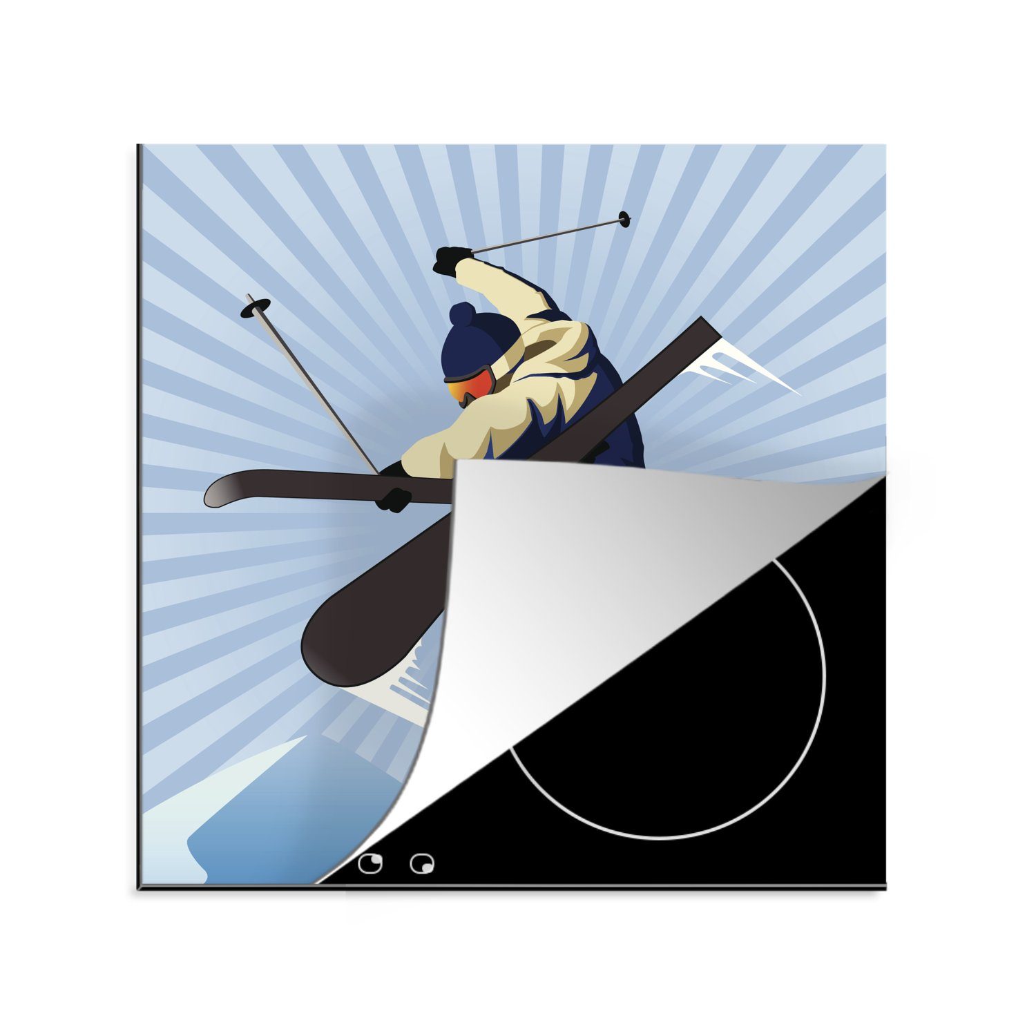 MuchoWow Herdblende-/Abdeckplatte Ein Skifahrer macht einen Trick in der Luft einer Illustration, Vinyl, (1 tlg), 78x78 cm, Ceranfeldabdeckung, Arbeitsplatte für küche