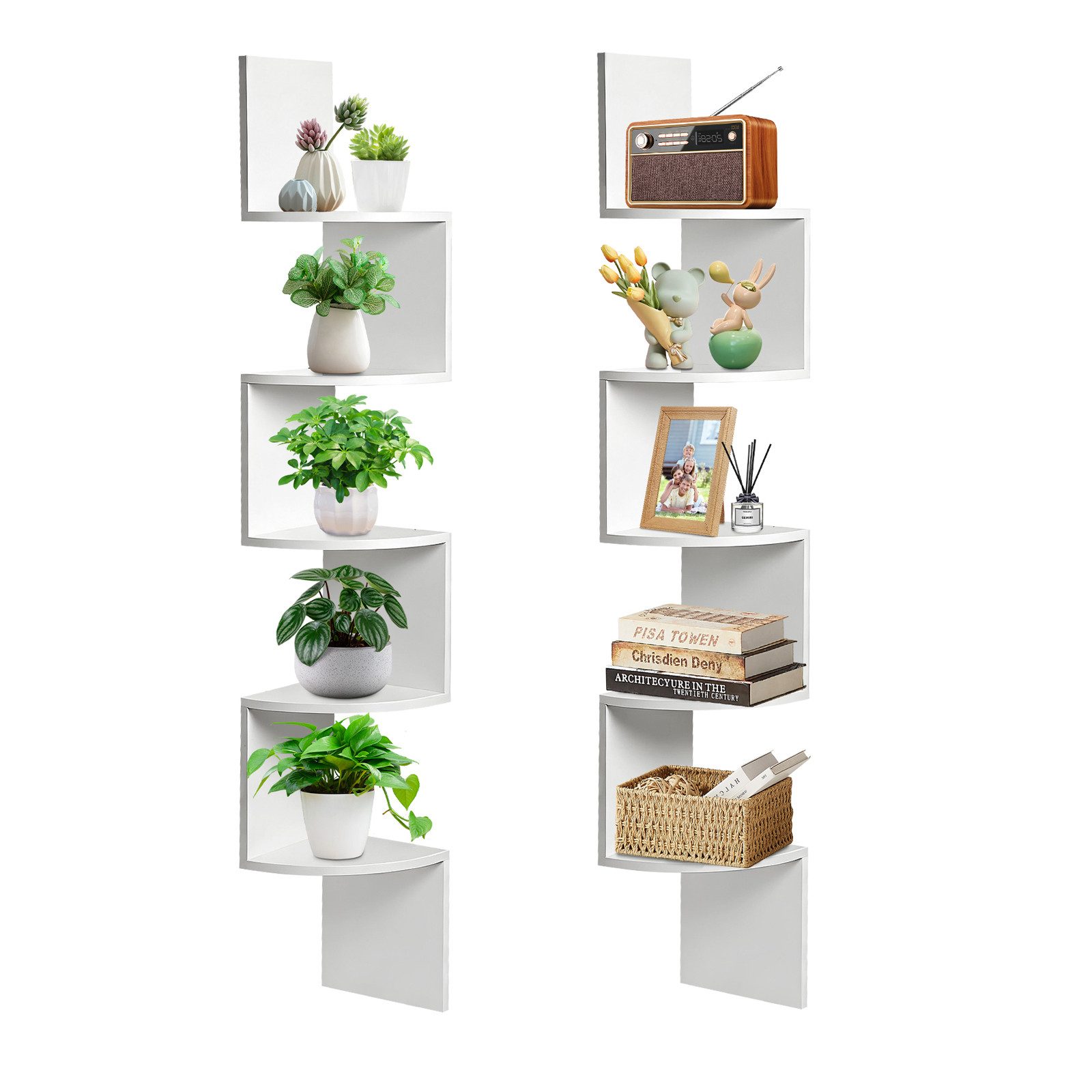 BlingBin Eckregal Wandregal 5 Ebenen Zickzack Schweberegal Bücherregal Pflanzenregal, Schweberegal 2-tlg., CD DVD Regal, Wanddeko mit 5 Ablagen für Wohnzimmer Schlafzimmer Küche