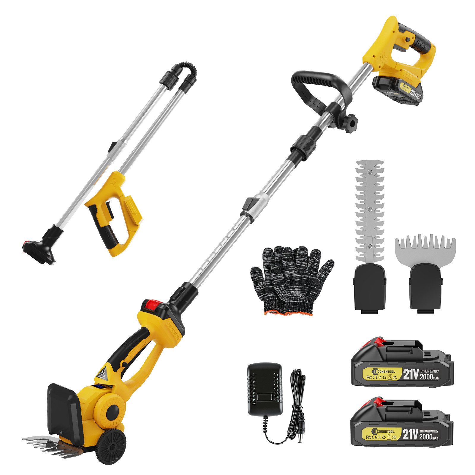 CONENTOOL Akku-Grasschere 2-in-1 Akku Heckenschere 21V, 2x 2000mAh, mit Teleskopstange 100-126cm, SK5 Klingen, mit 23/5cm Schnittlänge