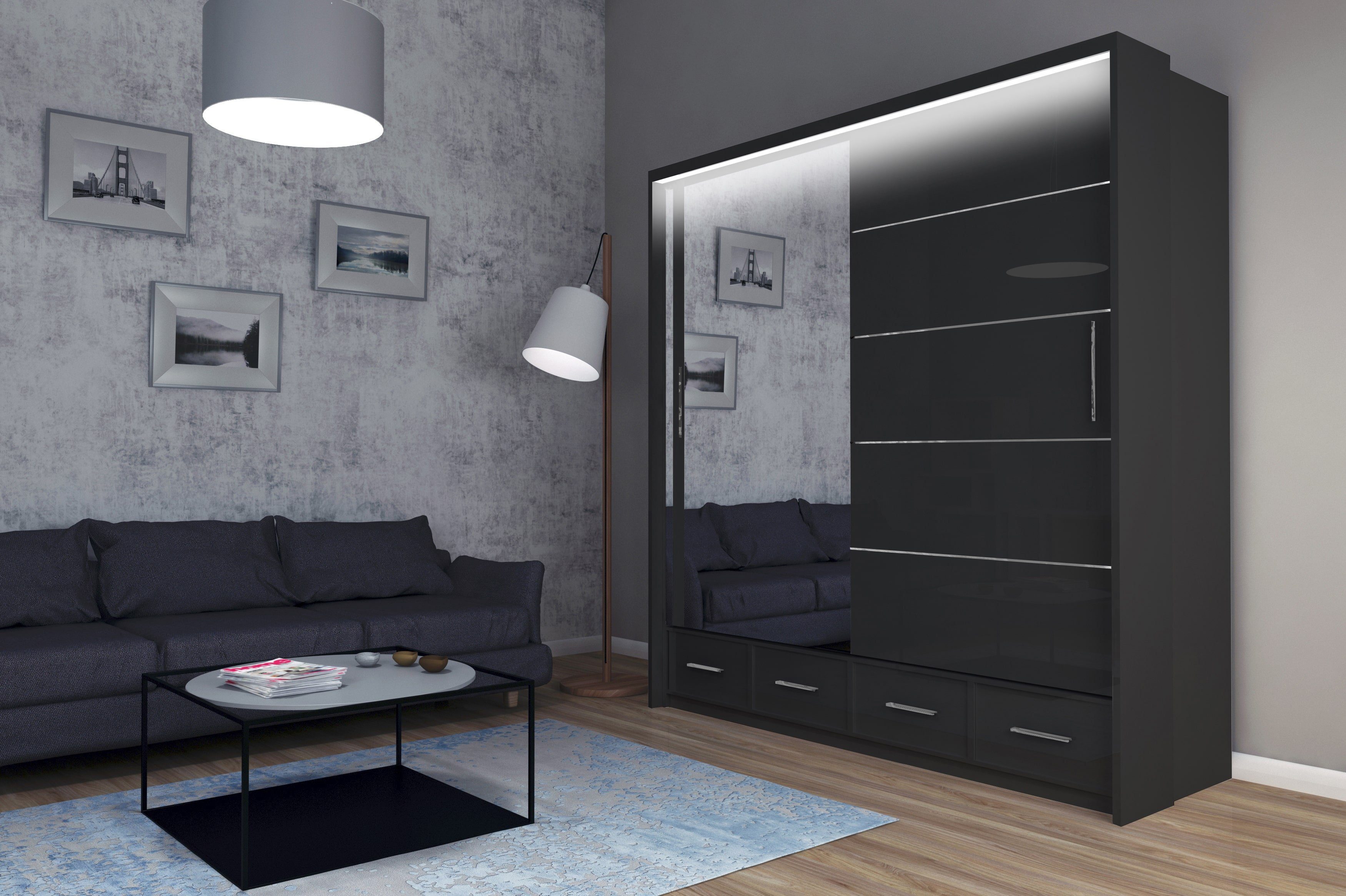 Compleo Kleiderschrank MONO mit Schubladen, Schrank mit Spiegel, mit Hochglanz, LED Schwarz Hochglanz