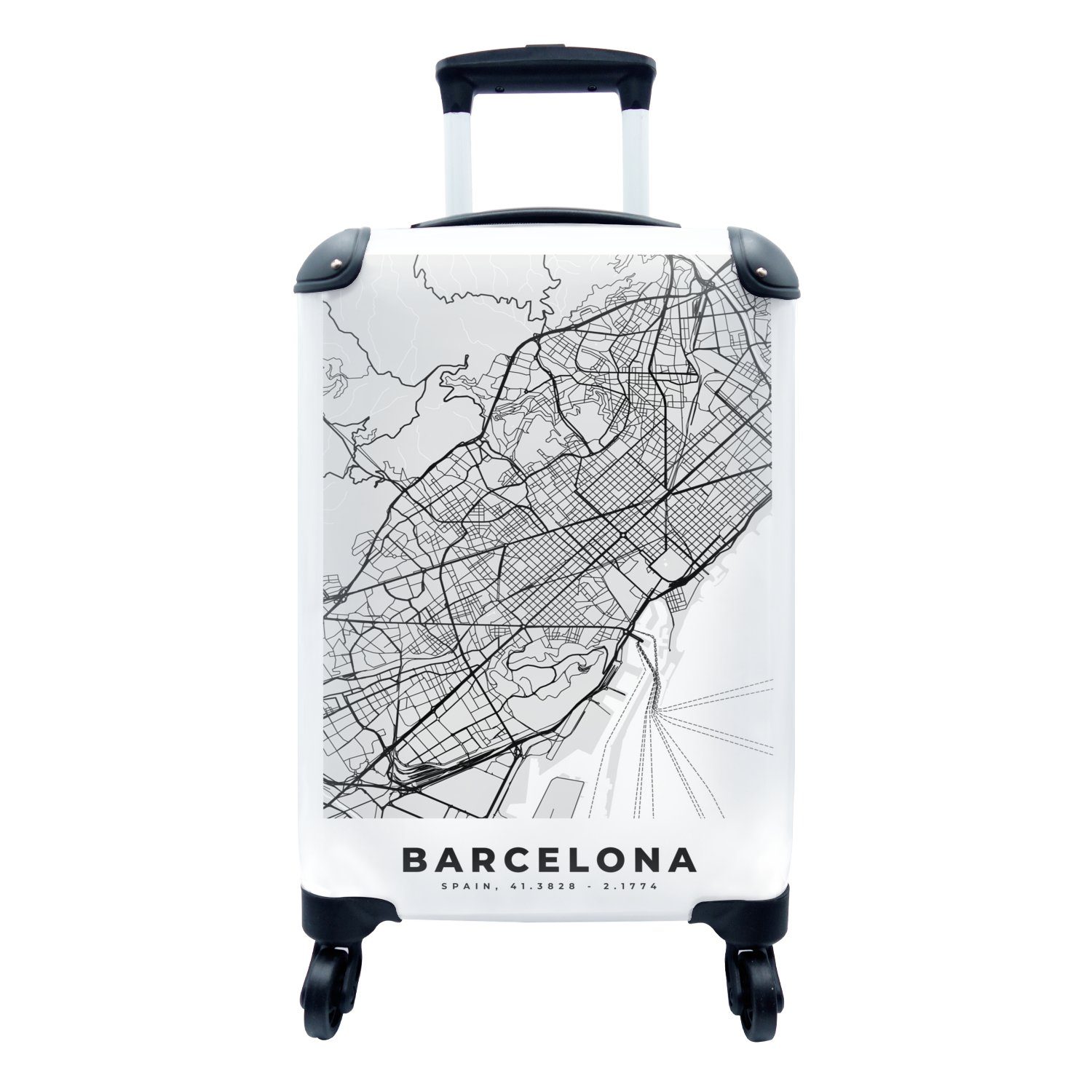 Reisekoffer Trolley, Ferien, für 4 Handgepäckkoffer - Stadtplan und mit Karte weiß, - Rollen, MuchoWow Schwarz Reisetasche rollen, Barcelona - Handgepäck