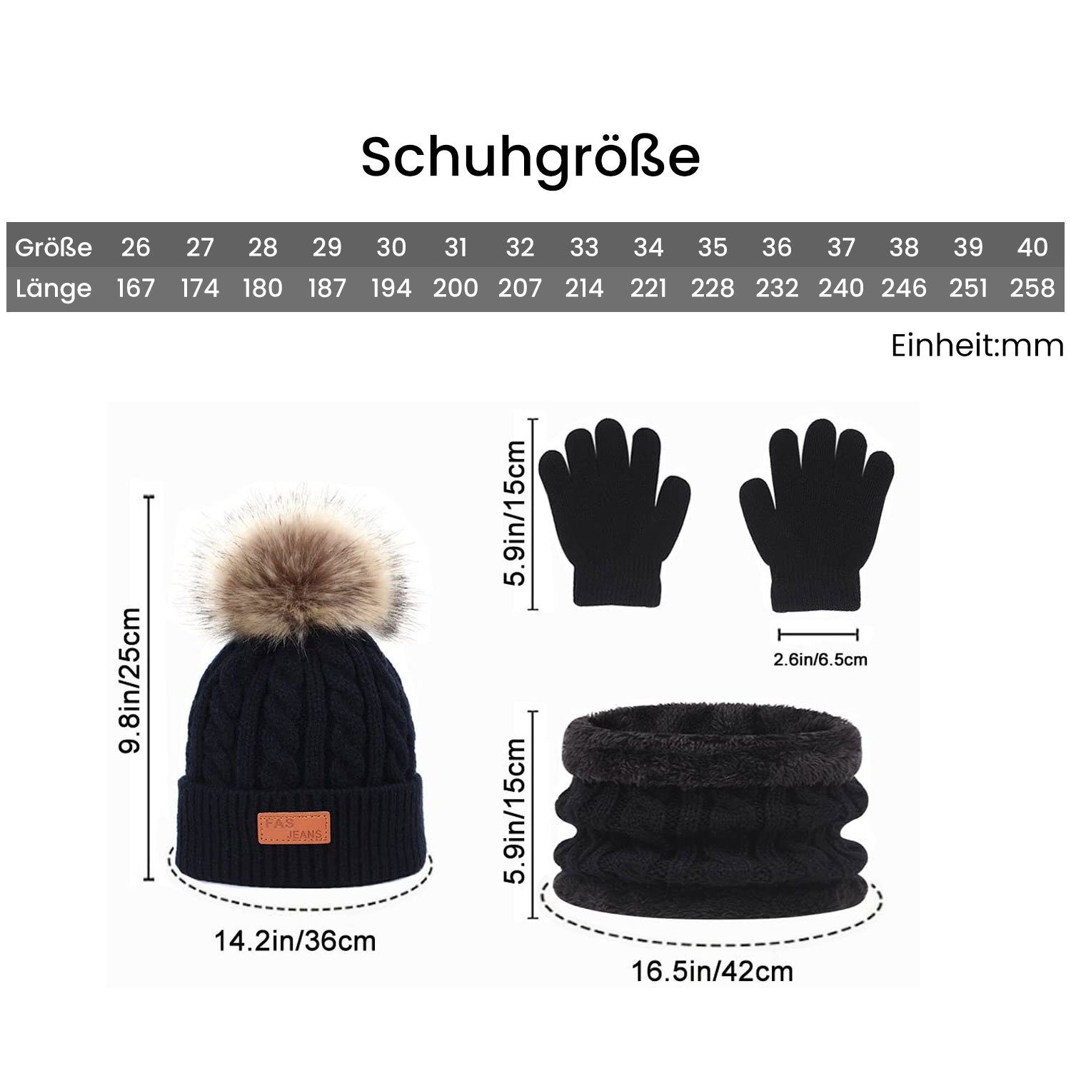 Daisred Skihandschuhe Kinder Wintermütze Schal Set Schwarz (set) Handschuhe