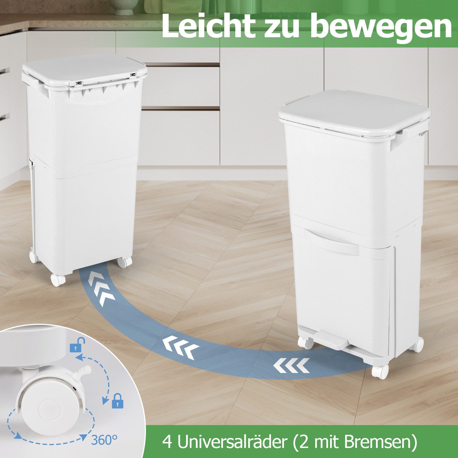 COSTWAY Mülleimer, 40L Abfalleimer Küche, Tretmülleimer auf Rädern