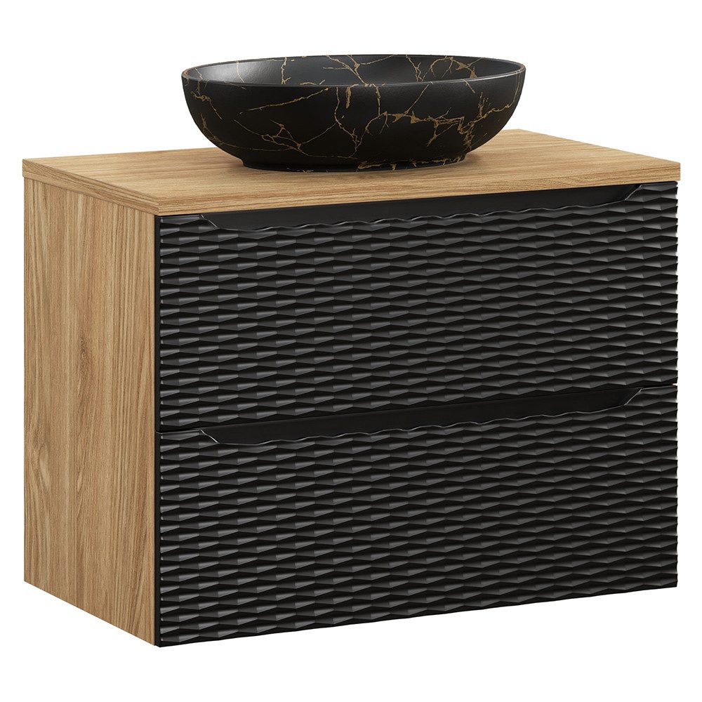 Lomadox Waschtisch OLUO-56-BLACK, 80cm mit Aufsatzwaschbecken, Eiche mit schwarz, 3D-Oberfläche