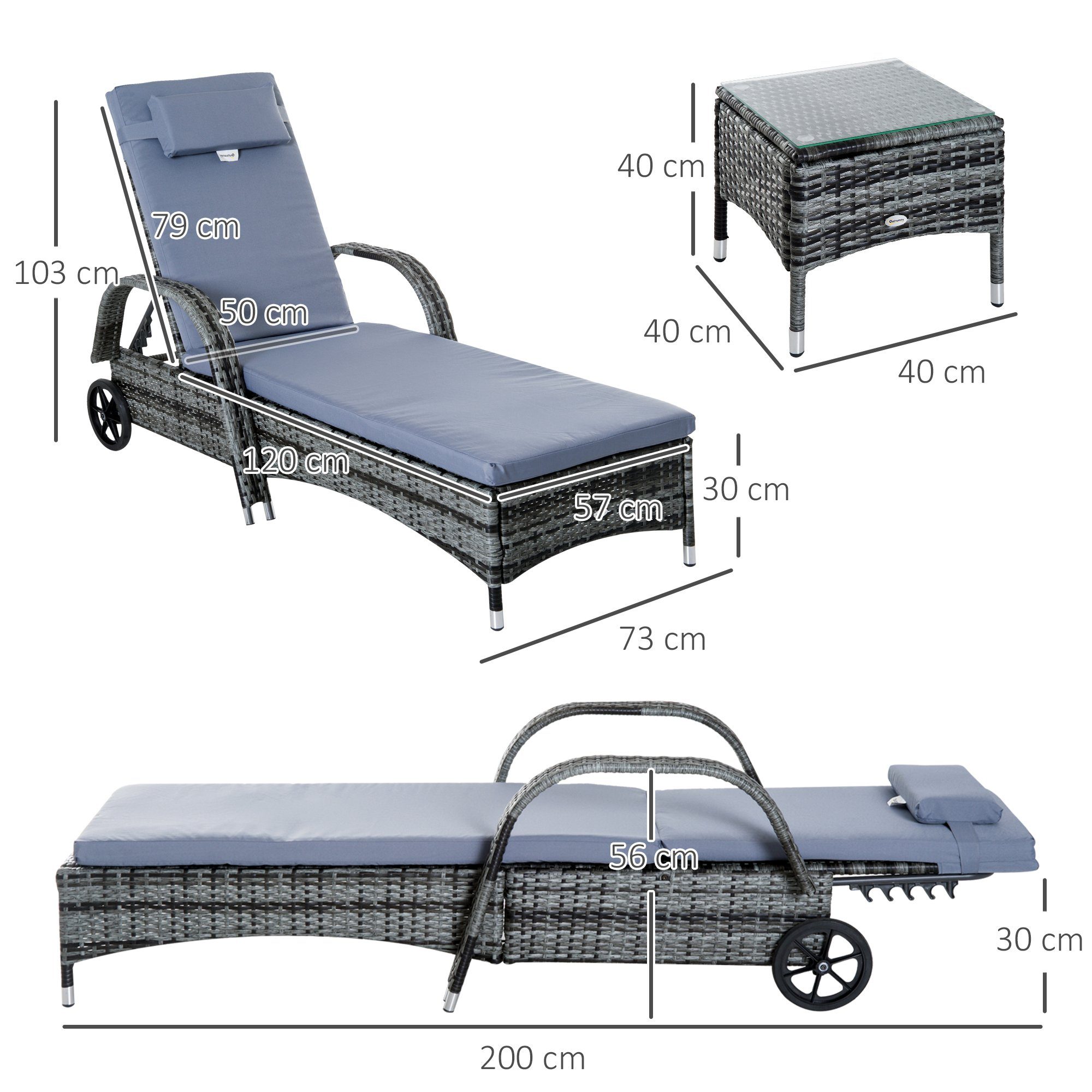 Outsunny Gartenlounge-Set Gartenliege mit Tisch 3er-Set Gartenmöbel Polyrattan+Metall, (Liege, 3-tlg., Sonnenliege), für Garten, Balkon, Grau