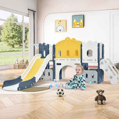 Merax Rutsche für Kinder, 6-in-1 Kinder Spielplatz, Spielrutsche, Spielturm, mit Kletterleiter, Tunnel und Basketballkorb, belastbar bis 360kg