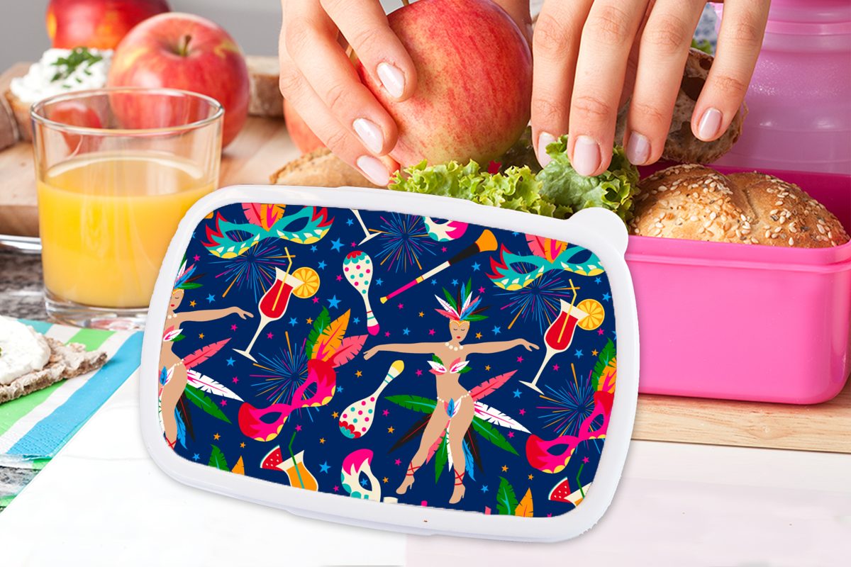 rosa Kunststoff - Lunchbox Brasilien Brotbox Muster, Kunststoff, - für (2-tlg), Brotdose Karneval MuchoWow Mädchen, Kinder, Erwachsene, Snackbox,