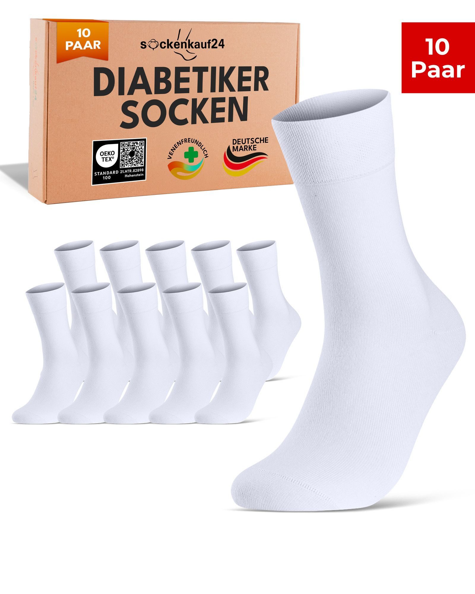 sockenkauf24 Diabetikersocken ohne Gummibund & ohne Naht aus Baumwolle (10-Paar) Diabetiker Socken mit Komfortbund ohne Gummi für Damen & Herren