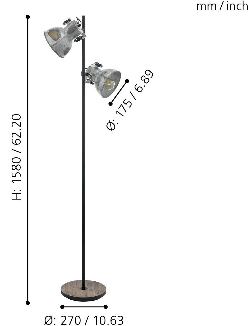 EGLO Stehlampe BARNSTAPLE Stehlampe, E27, Holz und Stahl, Wohnzimmerlampe, Lampe, Ein-/Ausschalter, ohne Leuchtmittel, Stehleuchte, H158 cm, braun-patina, schwarz, 2X40W exkl.