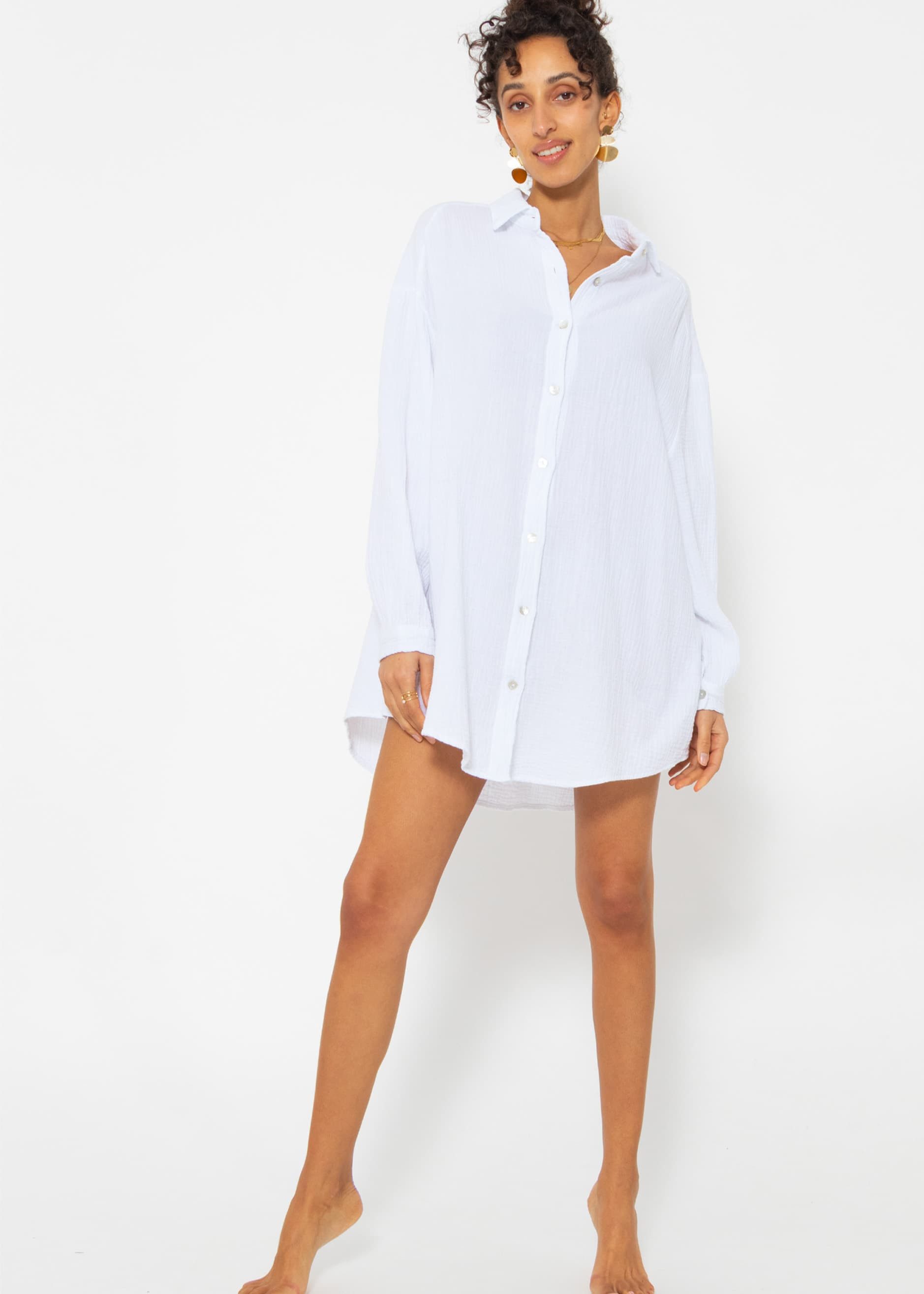 SASSYCLASSY Longbluse Oversize Musselin Bluse Damen Langarm Elegant Hemdbluse lang aus Baumwolle mit V-Ausschnitt, One Size (Gr. 36-48)