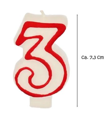 PAPSTAR Geburtstagskerze Zahlenkerze 7,3 cm weiß "3" mit rotem Rand (Stück, 1-tlg., Zahlenkerze), Geburtstagskerze Geburtstagstorte Tortendekoration Kuchendekoration