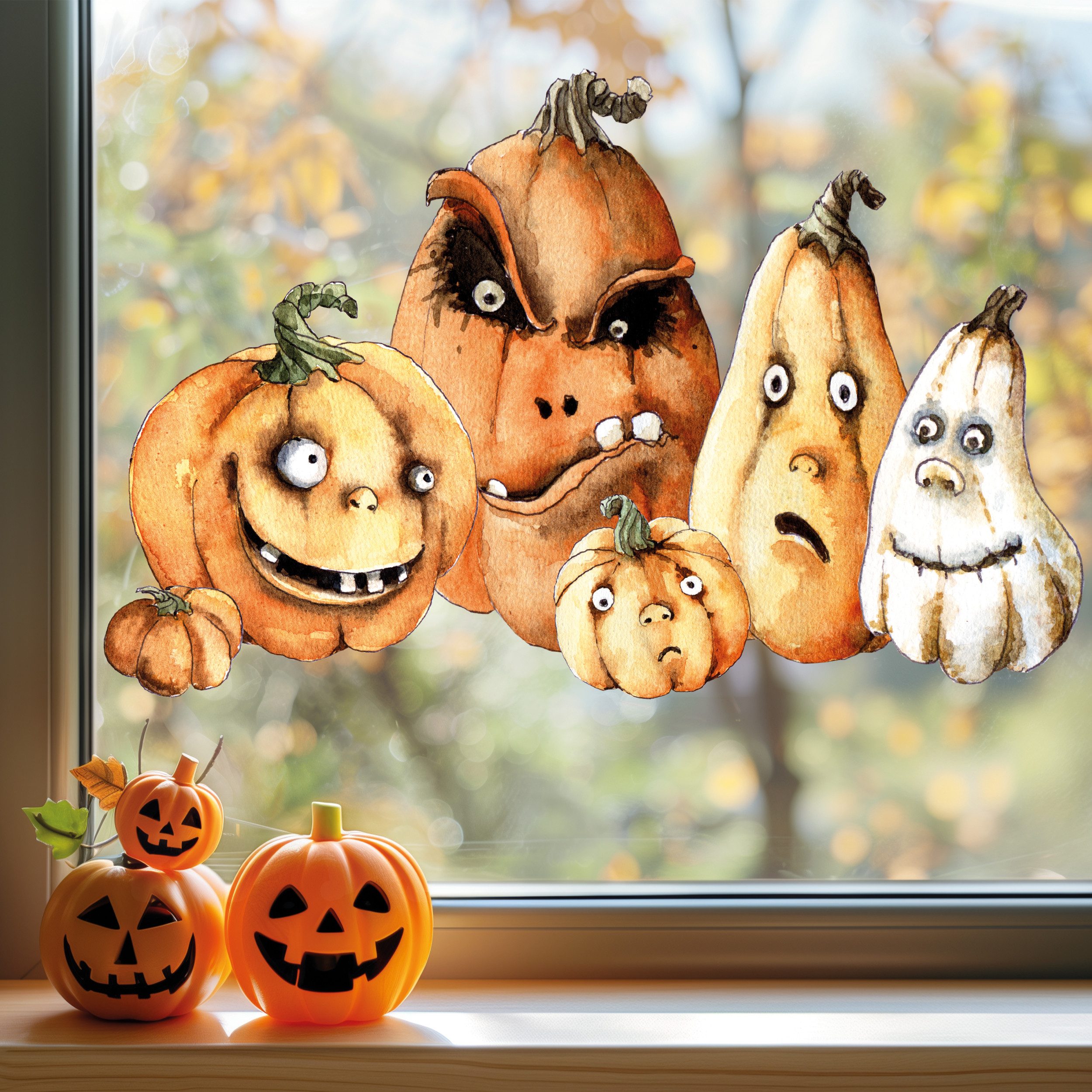 Sunnywall Fensterbild Fensterbild wiederverwendbare Fensterbilder Halloween Kürbisse, wiederverwendbar, statisch haftend, beidseitiger Druck, nachhaltig